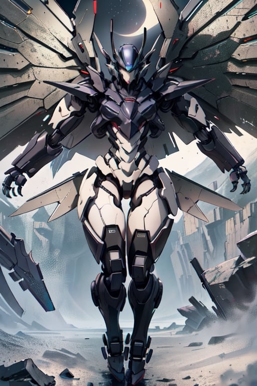 Mech solo, standing, full body, grey background, no humans, multiple robots in background, dragon armor mecha detailed with wings, clenched hands, science fiction, looking ahead, side facing hero stance, nighttime scene full_moon, stealthtech, Img2Img 