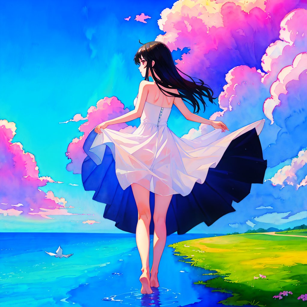 masterpiece, best quality, absurdres, illustration, watercolor,  1girl, solo, (white  see trough dress:1.6),  sleeveless, skirt lifting, upskirt, walking_in_liquid, long hair, black hair,  barefoot, bare shoulders, from behind, outdoors, bird, clouds, sky,  water, rainbow,