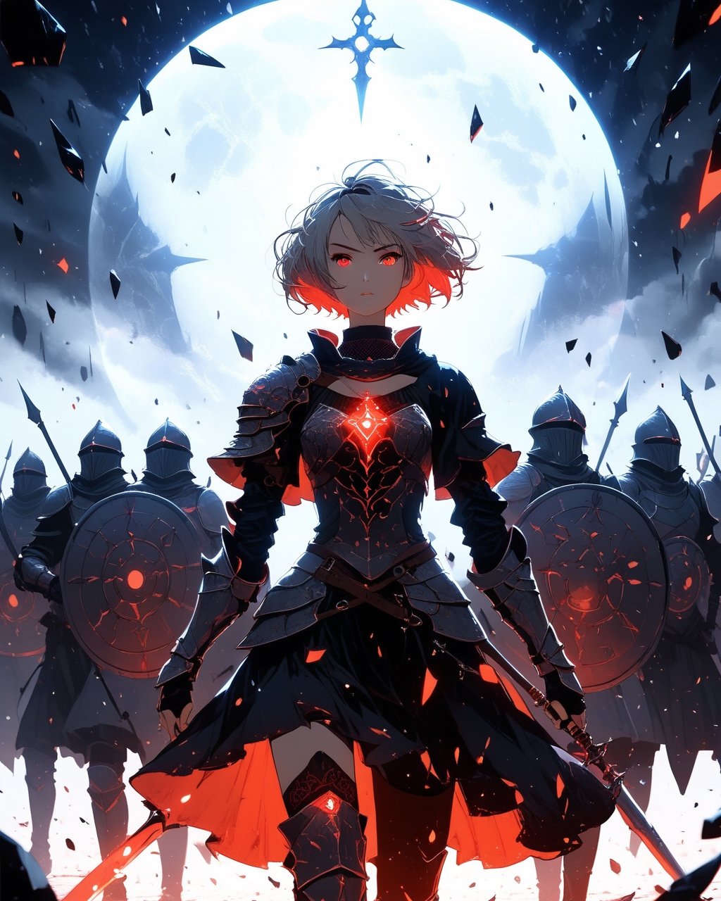 a beautiful woman in medieval armor, several shields levitate around her, short hair, glowing red eyes, medium chest, cute, fantasy background,blacklight,shards, battle_stance