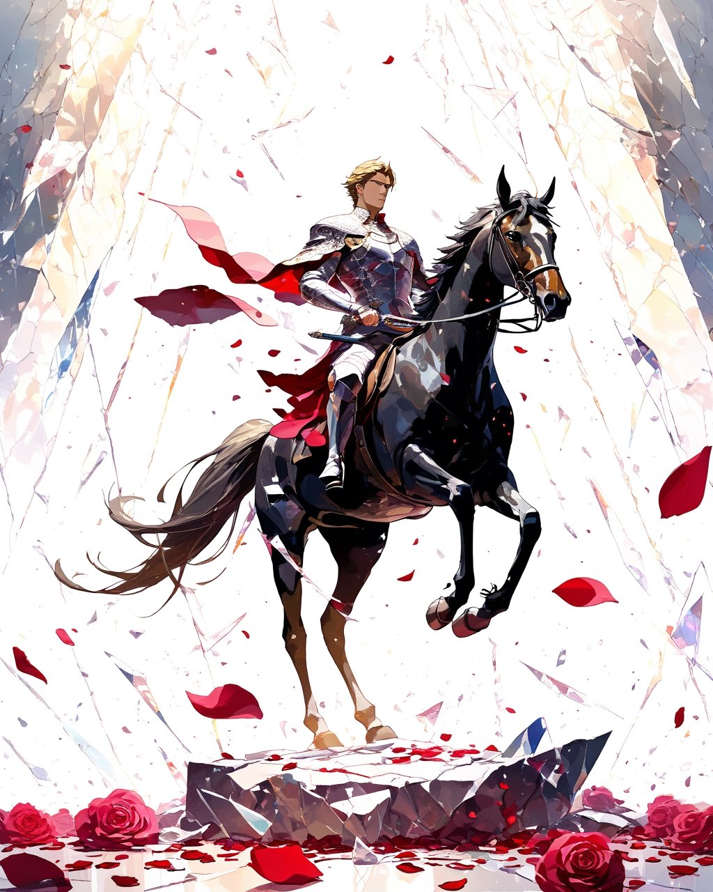 A king on his horse, he holds out his sword in front of him, young, rose petals falling in the background, muscular, volumetric lighting, best quality, masterpiece,shards,glass