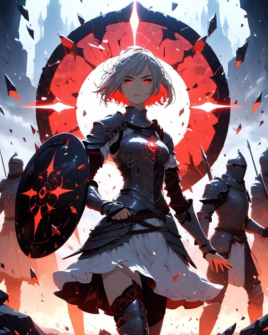 a beautiful woman in medieval armor, several shields levitate around her, short hair, glowing red eyes, medium chest, cute, fantasy background,blacklight,shards, battle_stance