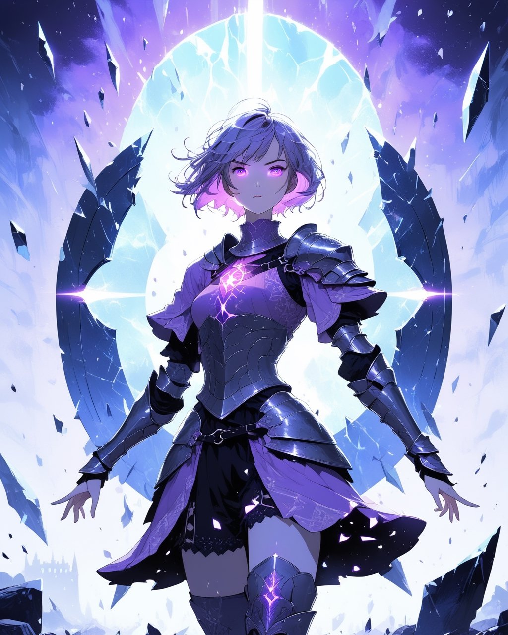 a beautiful woman in medieval armor, several shields levitate around her, short hair, glowing purple eyes, medium chest, cute, fantasy background,blacklight,shards, battle_stance