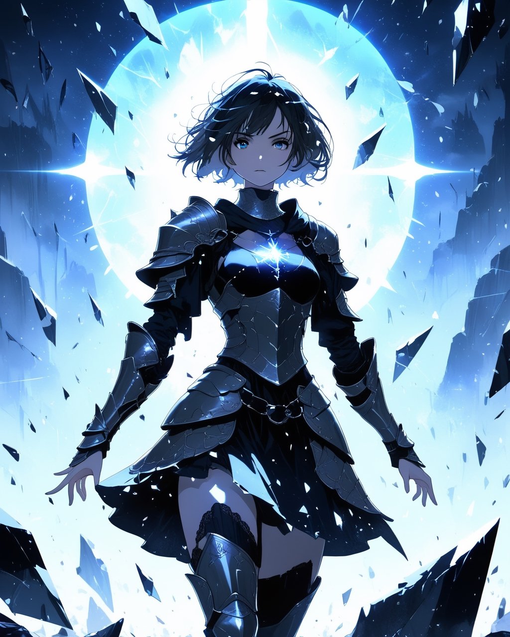 a beautiful woman in medieval armor, several shields levitate around her, short hair, glowing black eyes, medium chest, cute, fantasy background,blacklight,shards, battle_stance