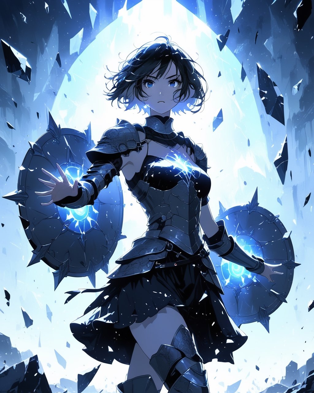 a beautiful woman in medieval armor, several shields levitate around her, short hair, glowing black eyes, medium chest, cute, fantasy background,blacklight,shards, battle_stance