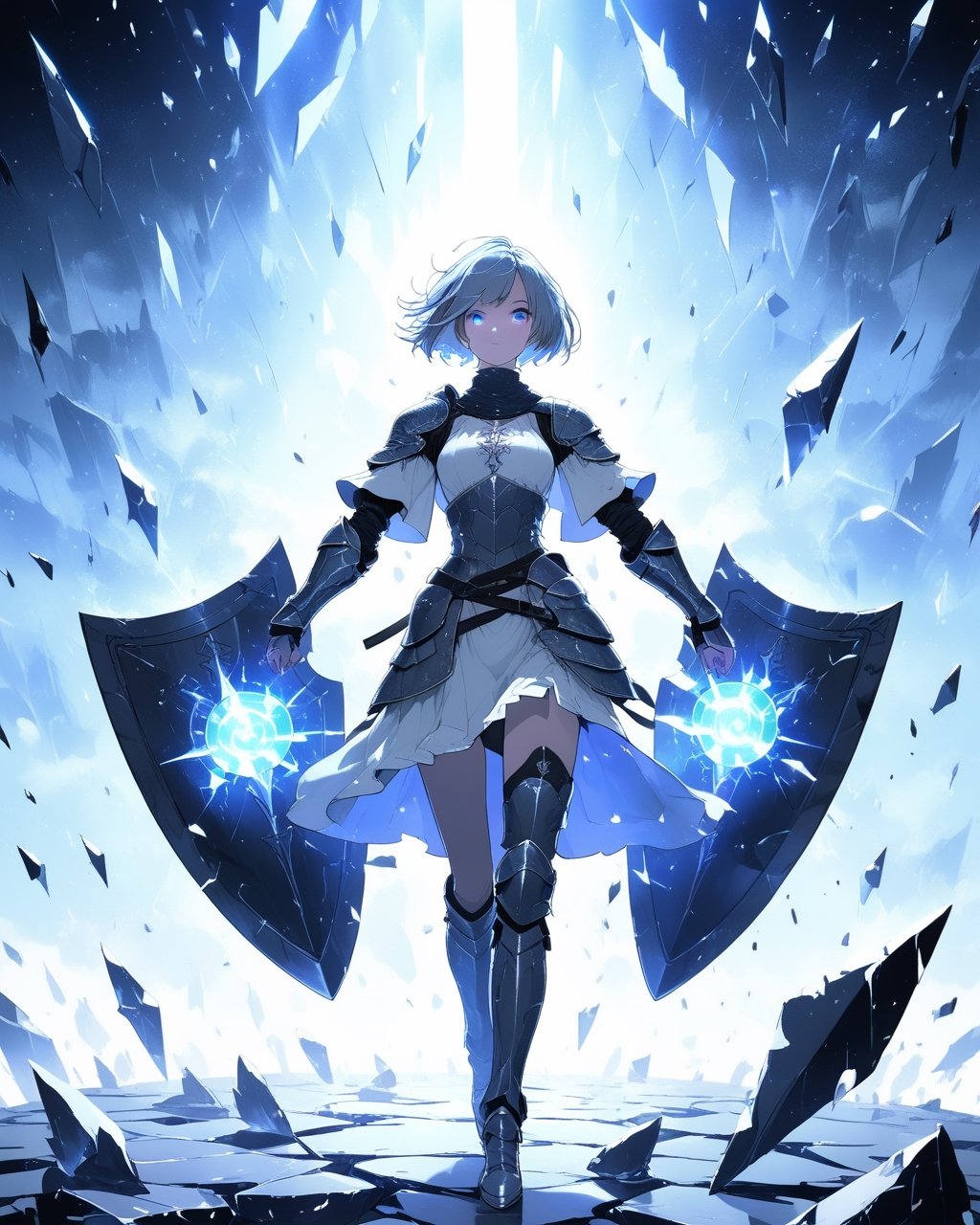 a beautiful woman in medieval armor, several shields levitate around her, short hair, glowing silver eyes, medium chest, cute, fantasy background,blacklight,shards, battle_stance