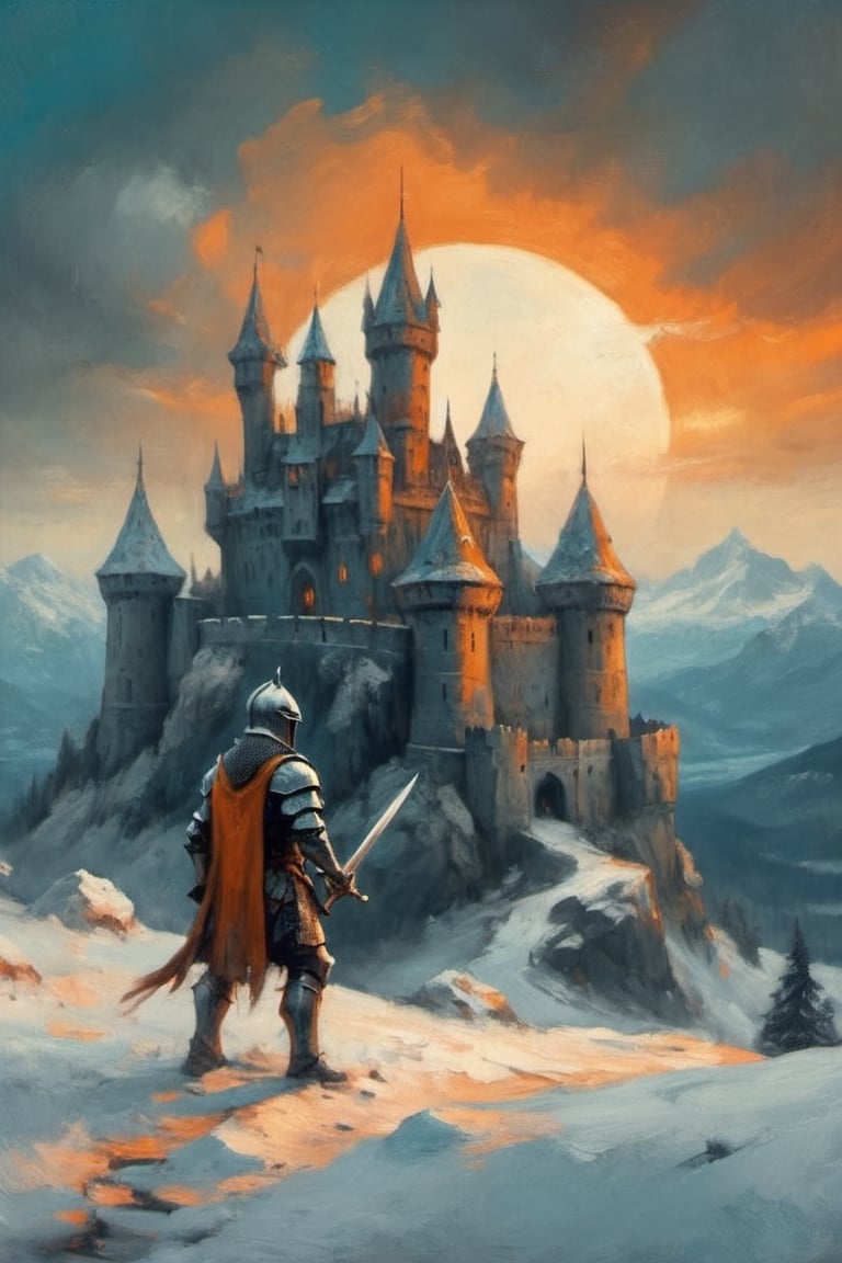 A knight on a snow covered mountain in front of a castle, in the style of goblincore, eroded interiors, intel core, dark cyan and orange, 32k uhd, made of wrought iron,