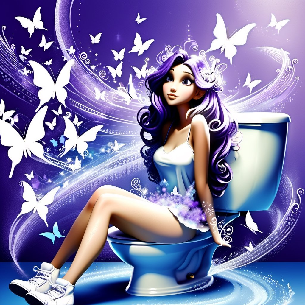 A beautiful woman with butterflies in her hair "girl" (digital art), sitting on the toilet. hyperdetalization,stylization,poster,composition,purple-blue background,lots of details,beautiful,DonM3lv3nM4g1cXL