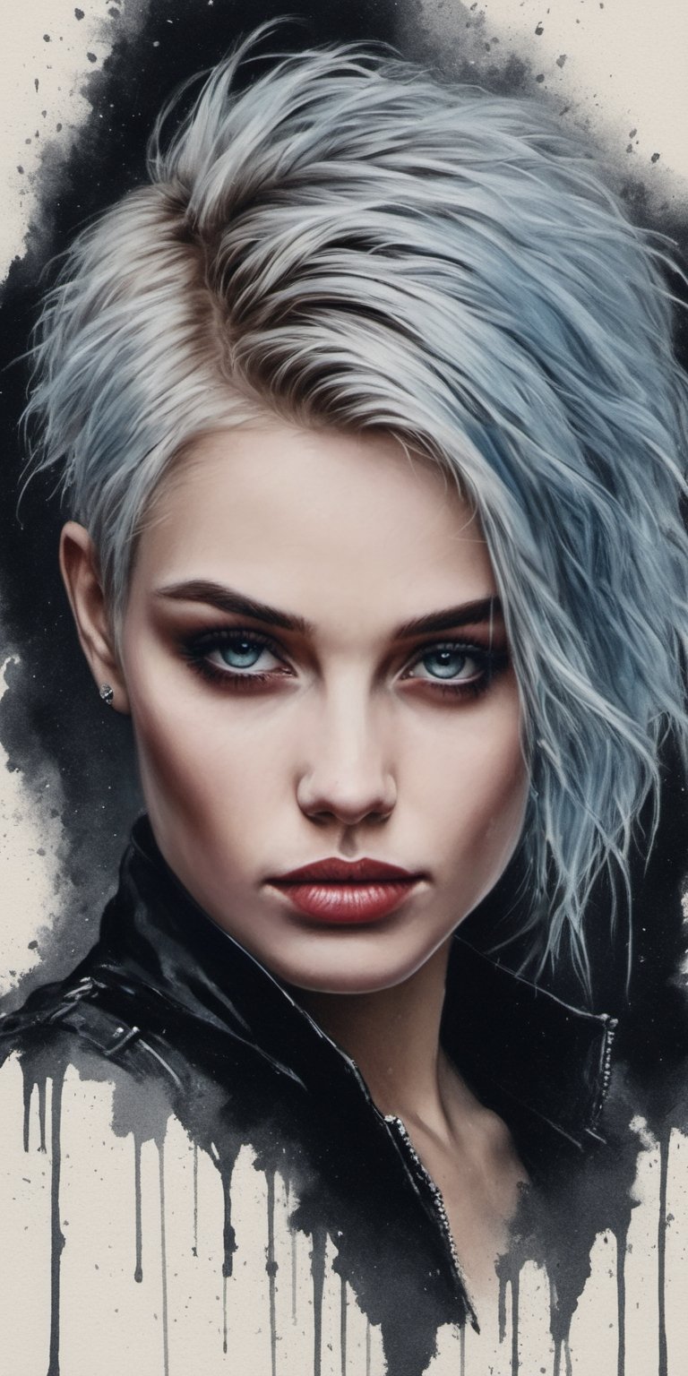 ((top quality)), ((masterpiece)), close portrait view of a young gothic girl with a hairstyle of punky, ((front view,)) With a black T-shirt, black shaded eyes, Very light blue eyes, very short blonde hair, intricate details, highly detailed eyes, highly detailed mouth, cinematic image, illuminated by soft light,photo of perfecteyes eyes