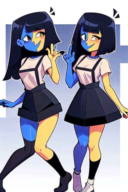 ENA (Joel G), split color body (blue on right, yellow on left), white t-shirt, black skirt with overall straps, 1girl, black socks (thigh-high on right, ankle on left), grain effect on hair, perfect anatomy, better hands