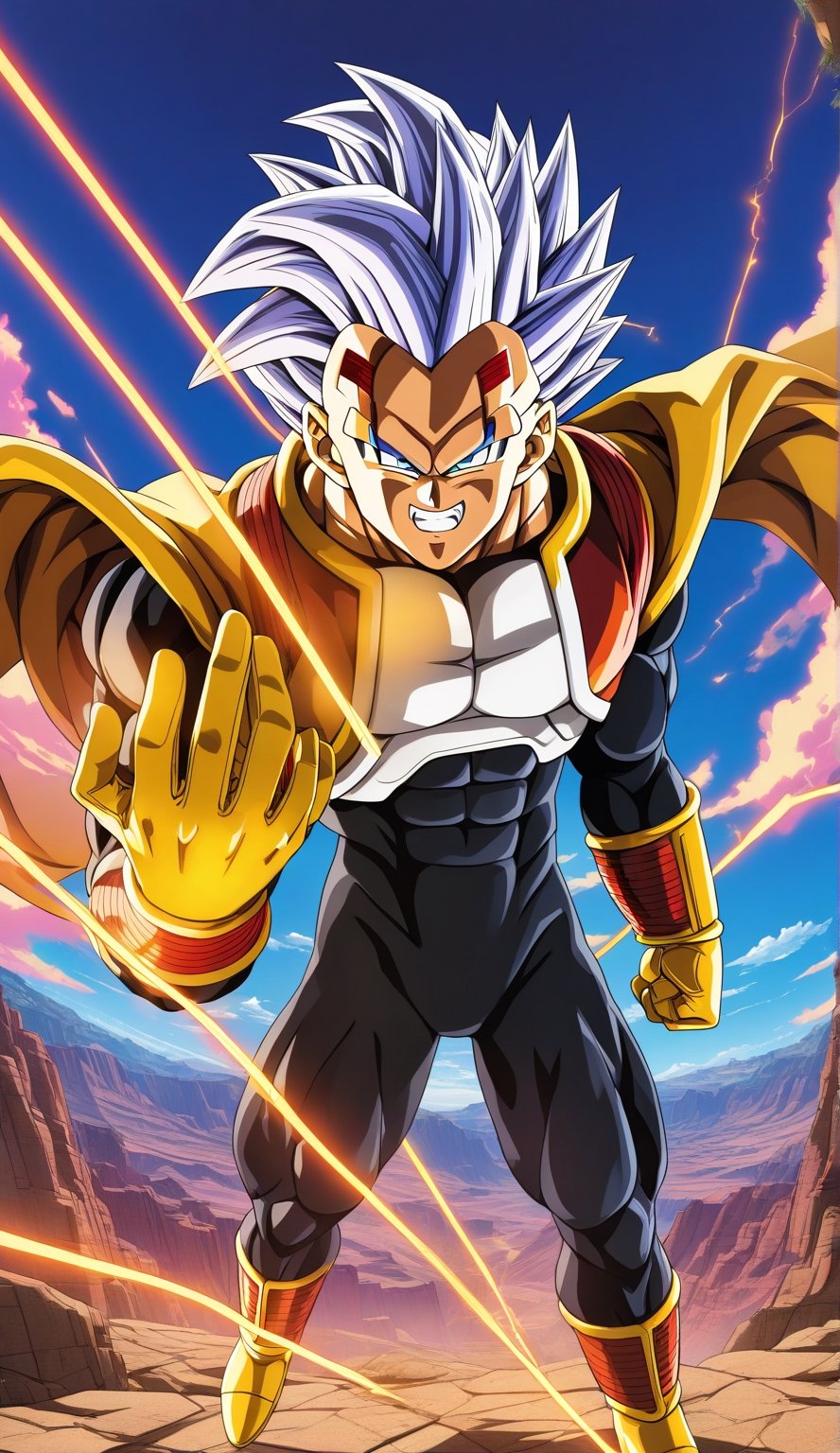 1boy, Vegeta Tsufur, solo, character, male focus, abs, muscular, Anime series Dragon Ball Z, style Akira Toriyama design, face features, full body, looking at viewer, colored skin, blue eyes, armor, super saiyan, (black bodysuit), electricity, aura, grin, perfect lines, perfect colors, white hair, clenched teeth, yellow gloves, 




Perfect proportions, Strong brightness, intricate details, vibrant colors, detailed shadows, perfect borders,

PNG image format, sharp lines and borders, solid blocks of colors, over 300ppp dots per inch, (anime:1.9), 2D, High definition RAW color professional photos, photo, masterpiece, ProRAW, high contrast, digital art trending on Artstation ultra high definition detailed anime, detailed, hyper detailed, best quality, ultra high res, high resolution, detailed, sharp re, lens rich colors, ultra sharp, (sharpness, definition and photographic precision), (blur background, clean and uncluttered visual aesthetics, sense of depth and dimension, professional and polished look of the image), work of beauty and complexity. (aesthetic + beautiful + harmonic:1.5), (ultra detailed background, ultra detailed scenery, ultra detailed landscape:1.5),
fidelity and precision,
minute detail, clean image, exact image, polished shading, detailed shading, polychromatic tonal scale, wide tonal scale,Vegeta Baby