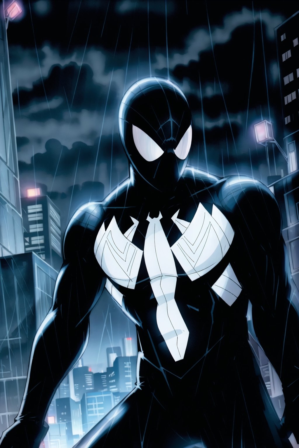 BlackSM headshot, action shot, dramatic, city background at night, rainy and stormy weather, symmetrical mask, hyper detailed, photorealistic, gothic, black, Spiderman, ultra detailed arms, perfect hands, good lighting