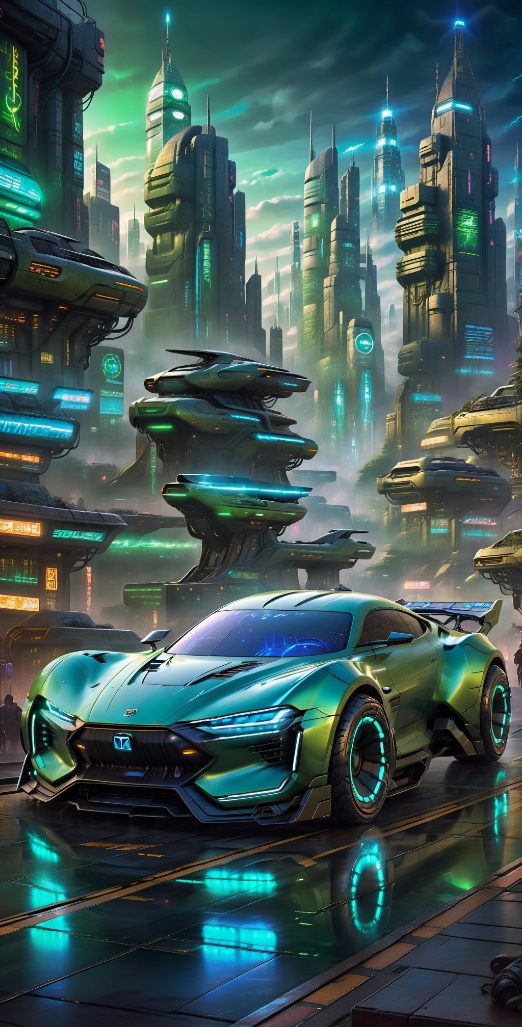 "A futuristic, cyberpunk-inspired car in shades of green and black, its sleek contours accentuated by pulsating blue lights that outline the tires and cast an eerie glow on the surrounding urban landscape." City dark background, 