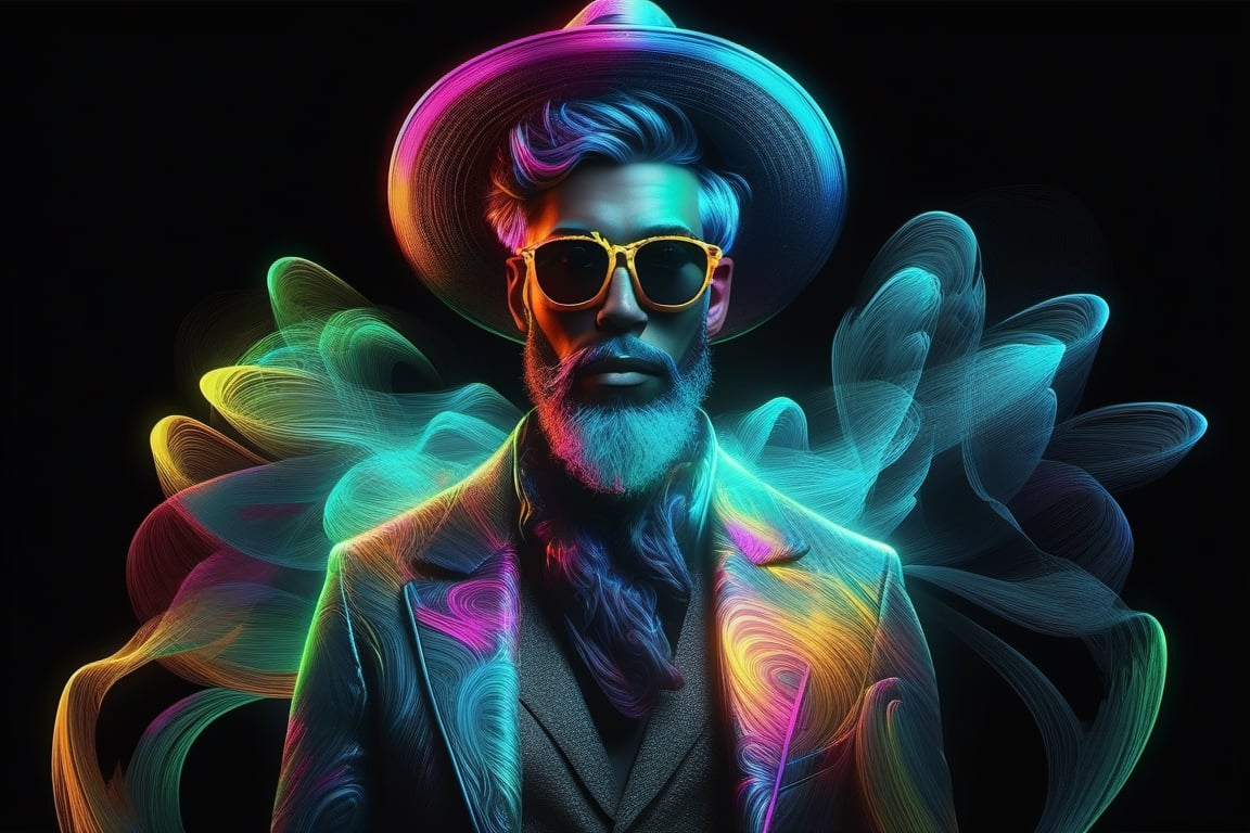 A vibrant digital artwork of a stylized man with a hat, sunglasses, and a glowing neon beard emitting colorful, swirling lines on a black background.
