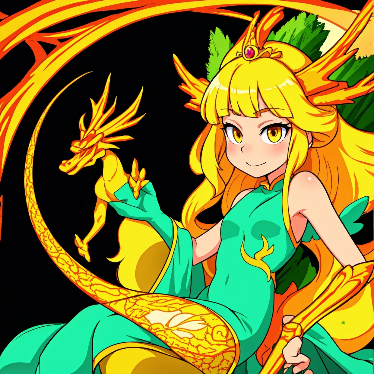 Princess (blonde hair, wearing a long dress, holding a magic wand), background (forest, moon), Chinese dragon (one, five-clawed golden dragon, two wings), princess riding a dragon