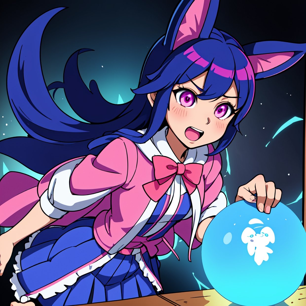 Mioda Ibuki /(Danganronpa/), bank ultra-detailed, masterpiece, illustration, 8k, masterpiece, realistic shadows, wind, gradient, volumetric lighting, cute, ambient lighting, colorful, glowing particles, beautiful detailed eyes 1girl, solo, (original outfit), dungeon background, blue and pink mage outfit, cloak, magic, fantasy