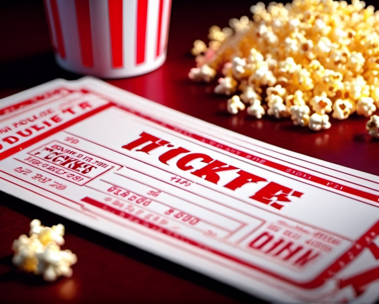 An extremely detailed, hyper-realistic, high-resolution cinematic still of a double movie tickets on table with popcorn, soda, 