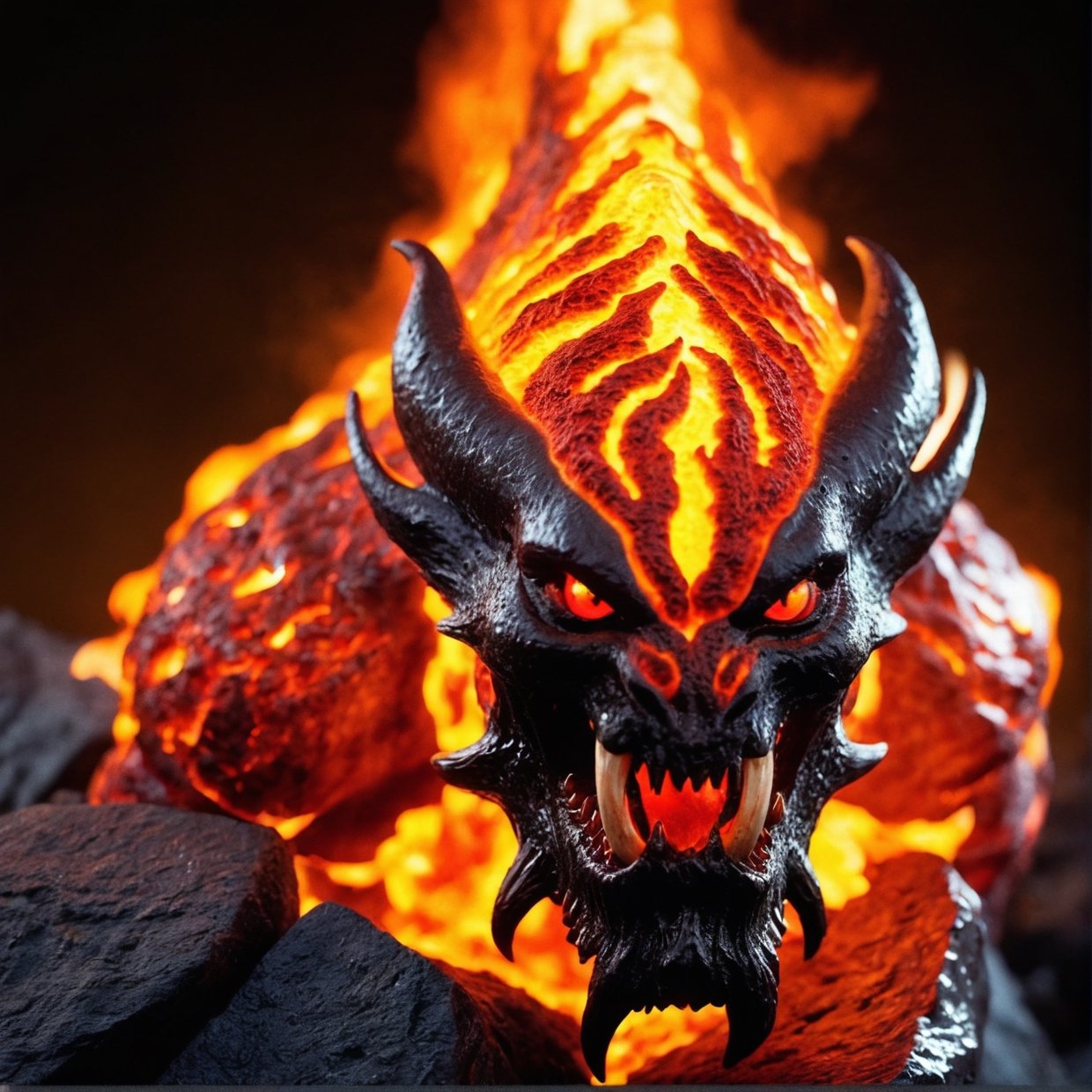(best quality,4k,8k,highres,masterpiece:1.2),ultra-detailed,realistic,sculptural,dark and fiery,Lava Demon,blazing inferno,ominous presence,giant creature,blackened skin,glowing eyes,fierce expression,sharp claws,long fangs,burning lava flowing from its body,intense heat,smoke and ashes,volcanic rocks,surrounded by flames and magma,destructive power,fiery tendrils,demonic energy,rugged and rough texture,molten lava armor,resembling a mythical creature,emitting a sinister aura,deep red color palette with hints of orange and black,emphasizing the demonic nature of the creature,dramatic lighting with fiery orange and red hues,creating a menacing atmosphere.,background