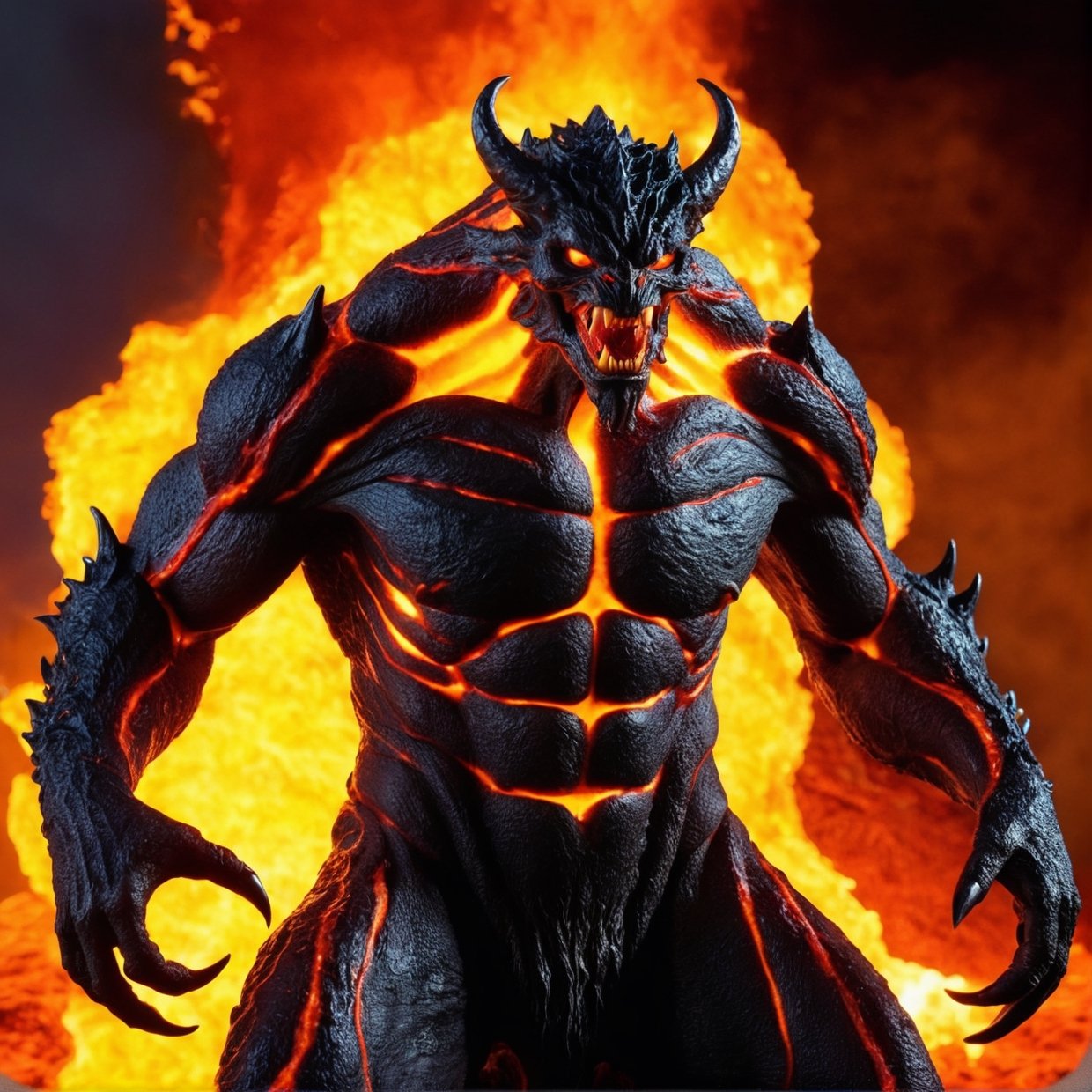(best quality,4k,8k,highres,masterpiece:1.2),ultra-detailed,realistic,sculptural,dark and fiery,Lava Demon,blazing inferno,ominous presence,giant creature,blackened skin,glowing eyes,fierce expression,sharp claws,long fangs,burning lava flowing from its body,intense heat,smoke and ashes,volcanic rocks,surrounded by flames and magma,destructive power,fiery tendrils,demonic energy,rugged and rough texture,molten lava armor,resembling a mythical creature,emitting a sinister aura,deep red color palette with hints of orange and black,emphasizing the demonic nature of the creature,dramatic lighting with fiery orange and red hues,creating a menacing atmosphere.,background