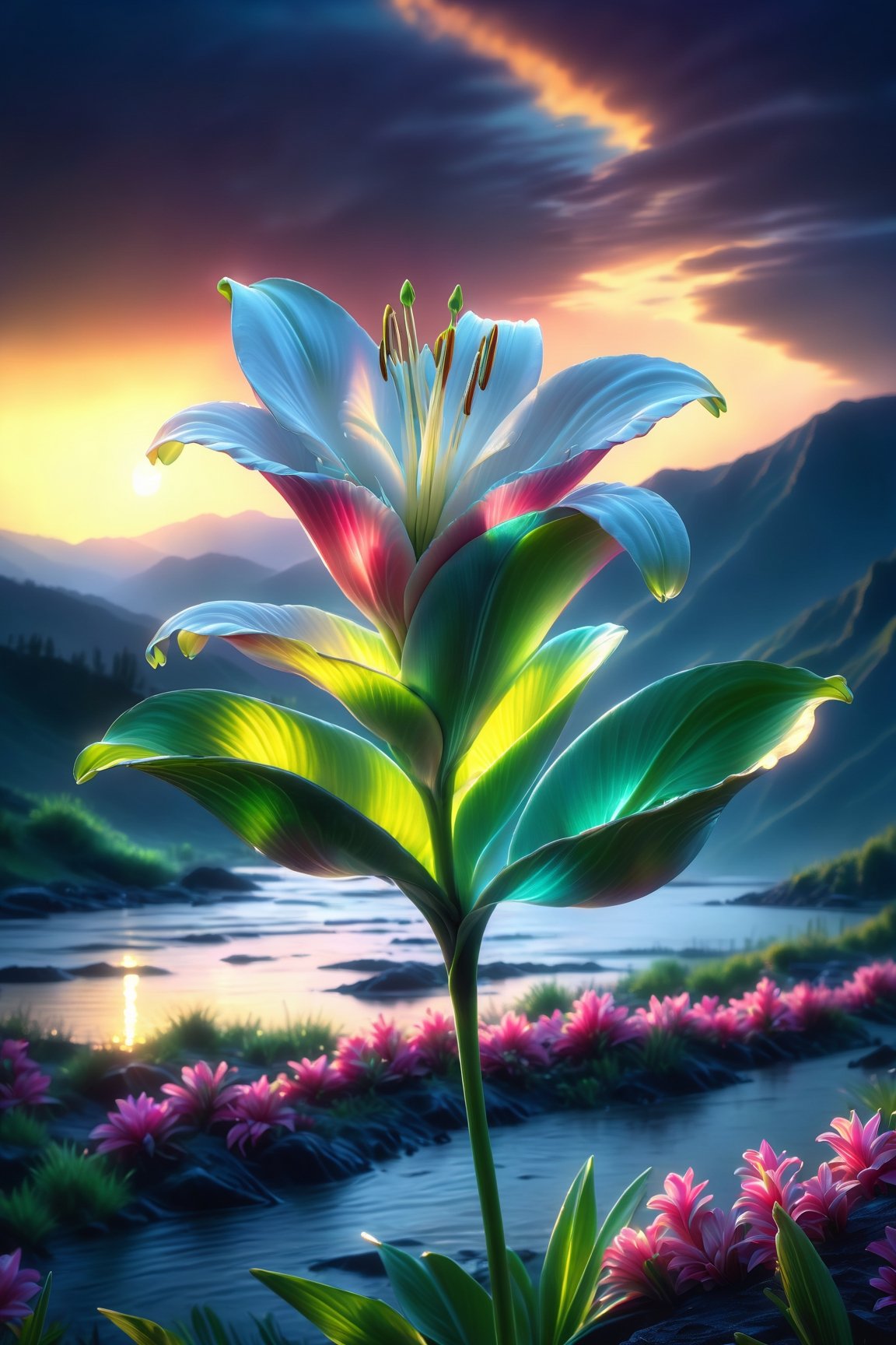 (best quality,8k,high res,masterpiece:1.2),photorealistic,ultra-detailed, vibrant photography of a Lilly in nature, dramatic lighting, finely ,fine detailed,Natural scenery, majestic landscape, colorful flowers, distant mountains, flowing rivers, melting sunset, serene atmosphere, dazzling sunlight, blissful vibes, luscious greenery, soft breeze, ethereal beauty, seek, Flora