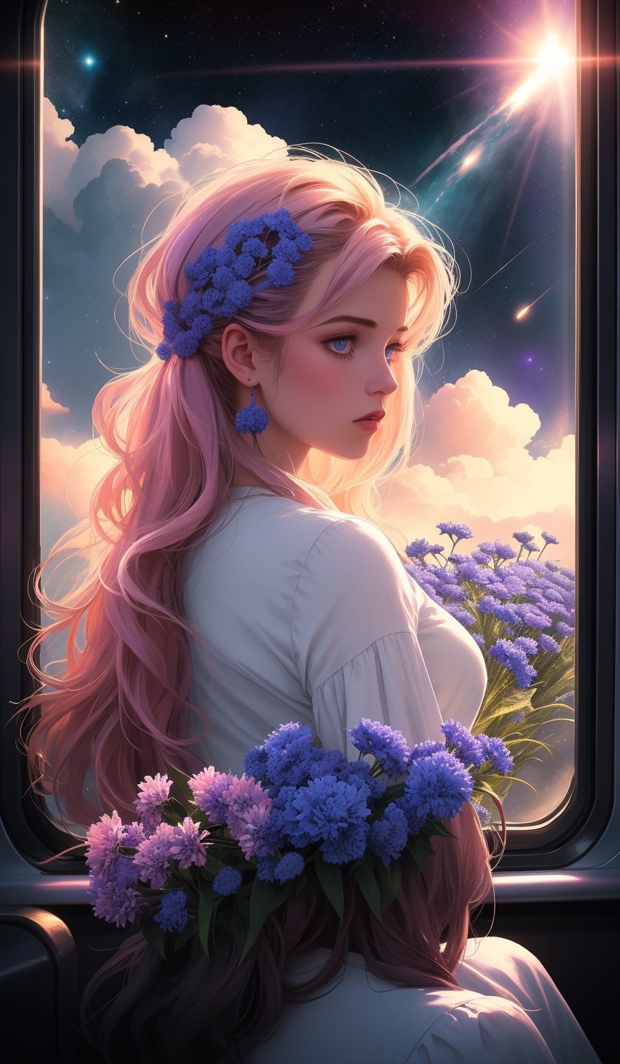 Teen girl with cornflowerblue long faux hawk hair, Hyperrealistic train carriage detailed with blooming flowers,ethereal cloud animals with shimmering outlines,passengers gazing in awe,vast sky with swirling galaxies,cosmic colors (purples, blues, pinks),dramatic lighting,mystical atmosphere
,Expressiveh,concept art,dark theme,Mysticstyle,midjourney
