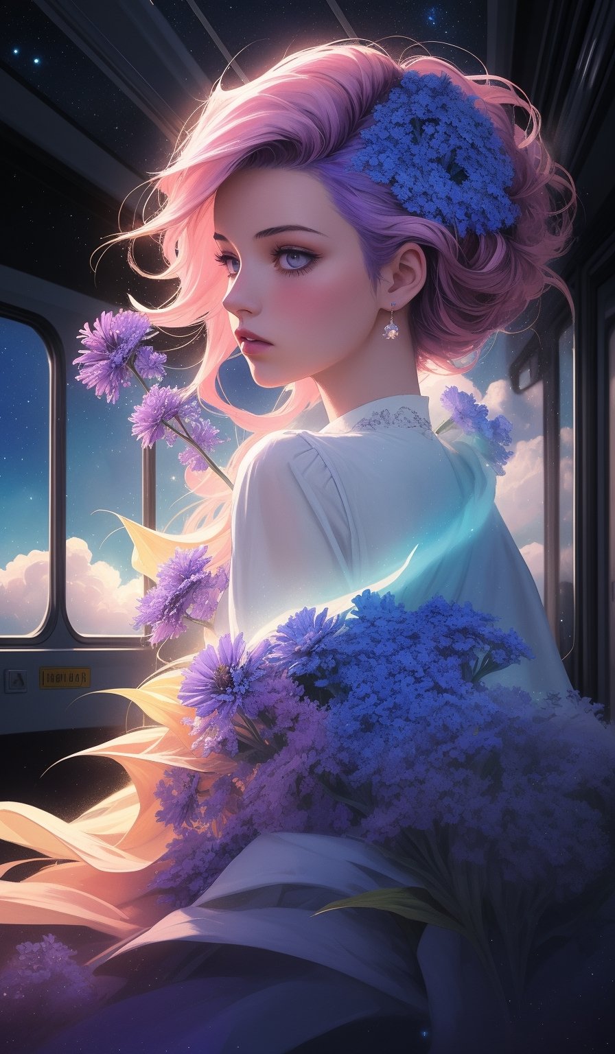 Teen girl with cornflowerblue long faux hawk hair, Hyperrealistic train carriage detailed with blooming flowers,ethereal cloud animals with shimmering outlines,passengers gazing in awe,vast sky with swirling galaxies,cosmic colors (purples, blues, pinks),dramatic lighting,mystical atmosphere
,Expressiveh,concept art,dark theme,Mysticstyle,midjourney