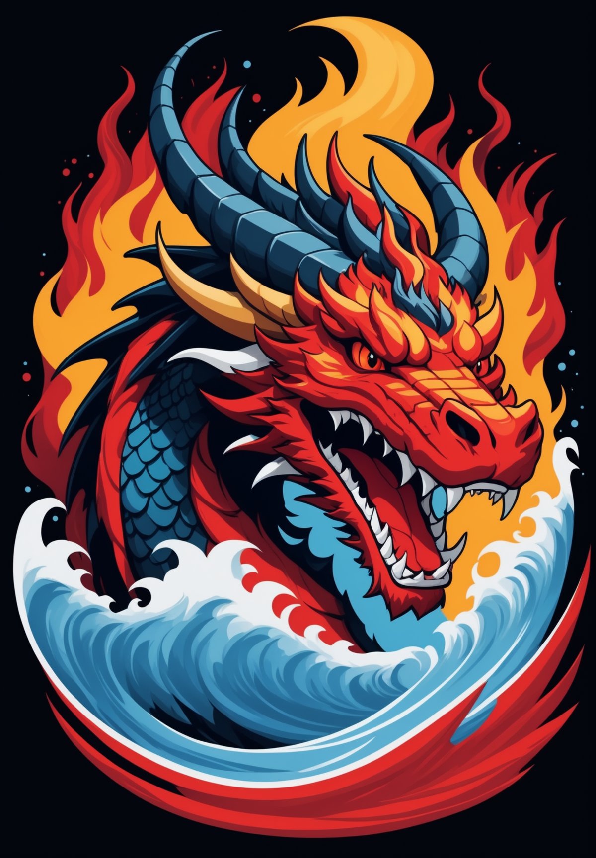 Stylized clouds, dragon, eastern dragon, fangs, fire, flame, horns, no humans, open mouth, red eyes, sharp teeth, simple background, solo, teeth, tshirt design, water, waves ,Leonardo Style