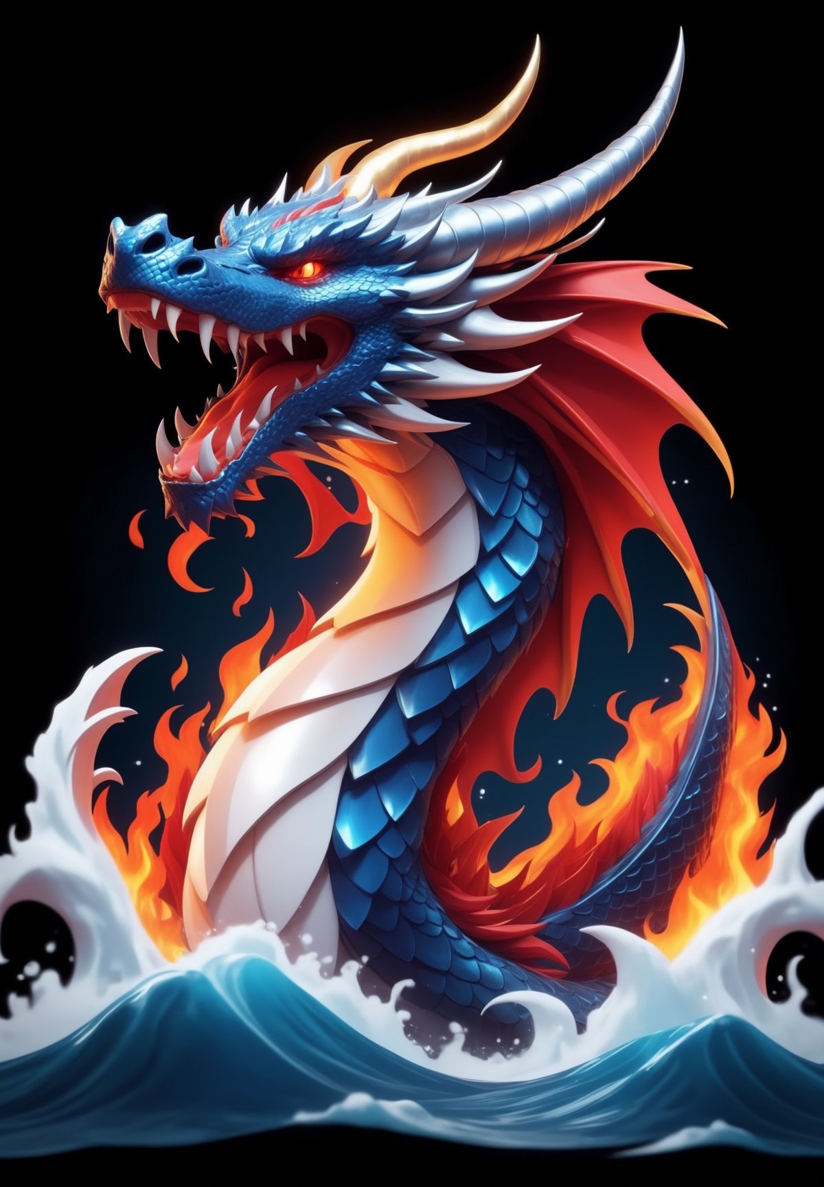 Stylized clouds, dragon, eastern dragon, shiny metallic scales, fangs, 3D, fire, flame, horns, no humans, open mouth, red eyes, sharp teeth, extremely fine details, simple background, solo, teeth, water, waves ,Leonardo Style, clean sharp lines, 4K, 
