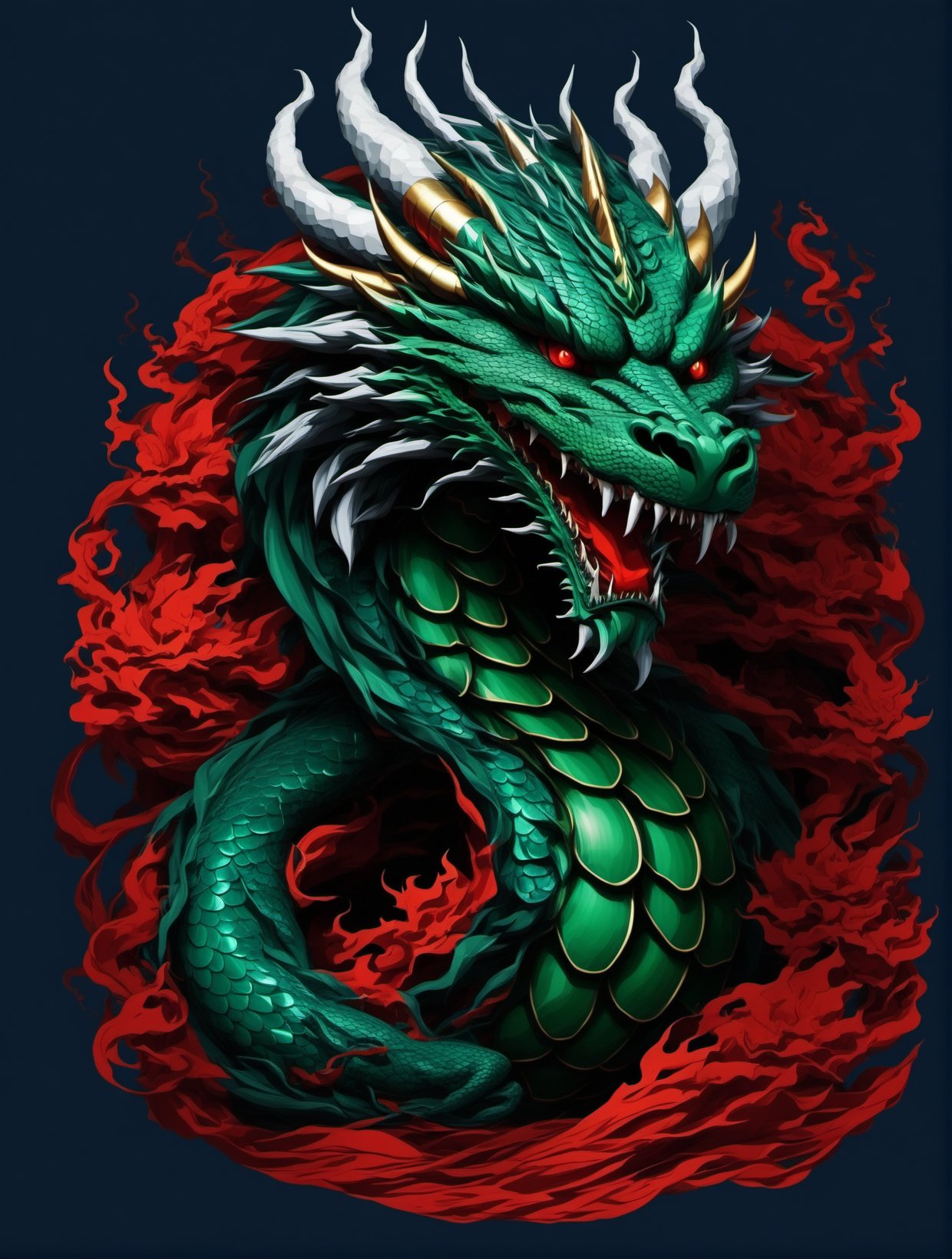 cloud, dragon, eastern green dragon, shiny metallic scales, fangs, flame, horns, no humans, open mouth, red eyes, sharp teeth, simple background, solo, teeth, tshirt design, water, waves ,Leonardo Style, clean sharp lines,