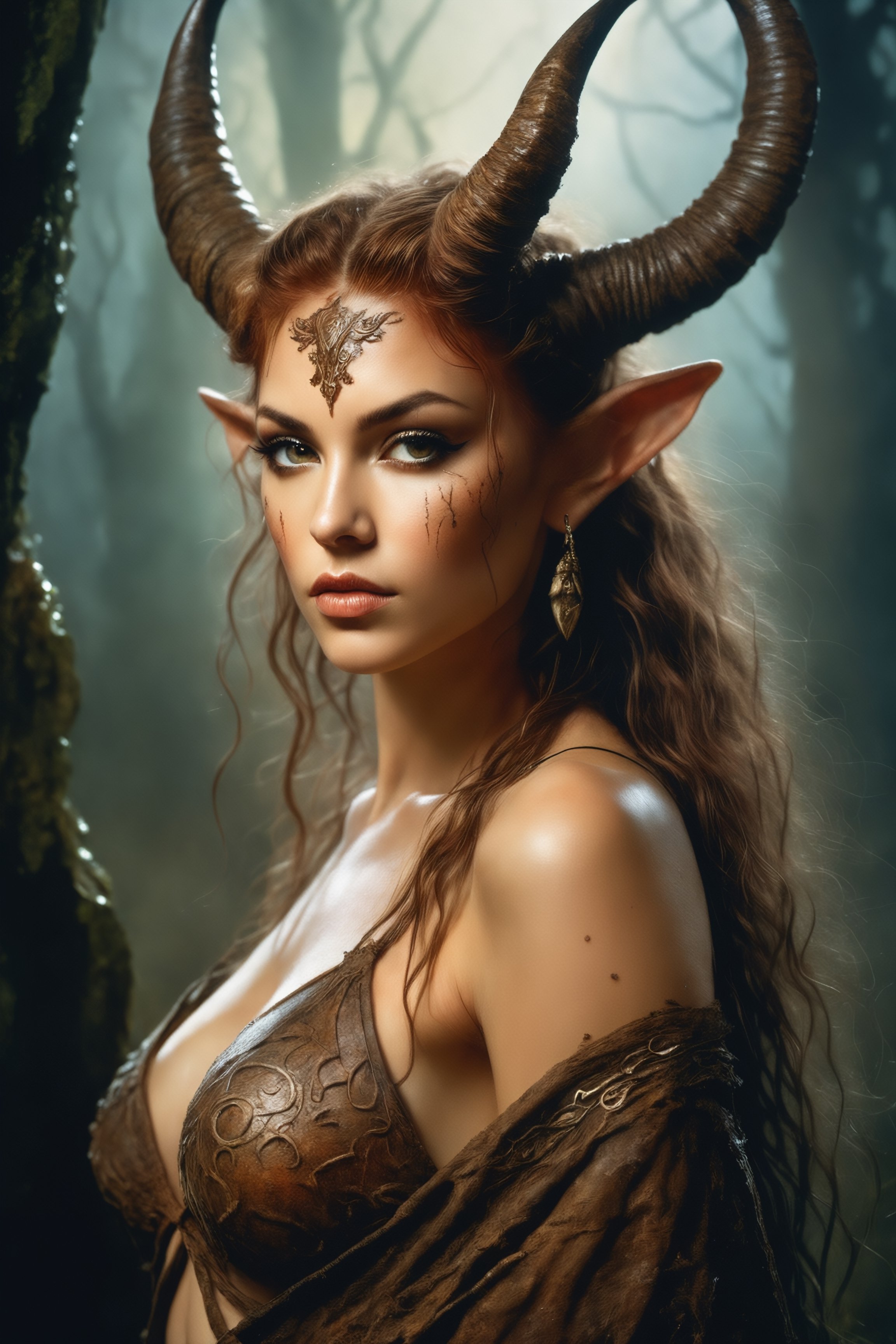 Luis royo style, acrylic paint and spray paint, 8K, rule of thirds, 
intricate, dark lighting, Flickr, well focused, atmospheric, dramatic, highly detailed, girl as a satyr full body portrait, seductive, sexy, intricate, digital painting, old english, whimsical background by marc simonetti, artwork by liam wong
