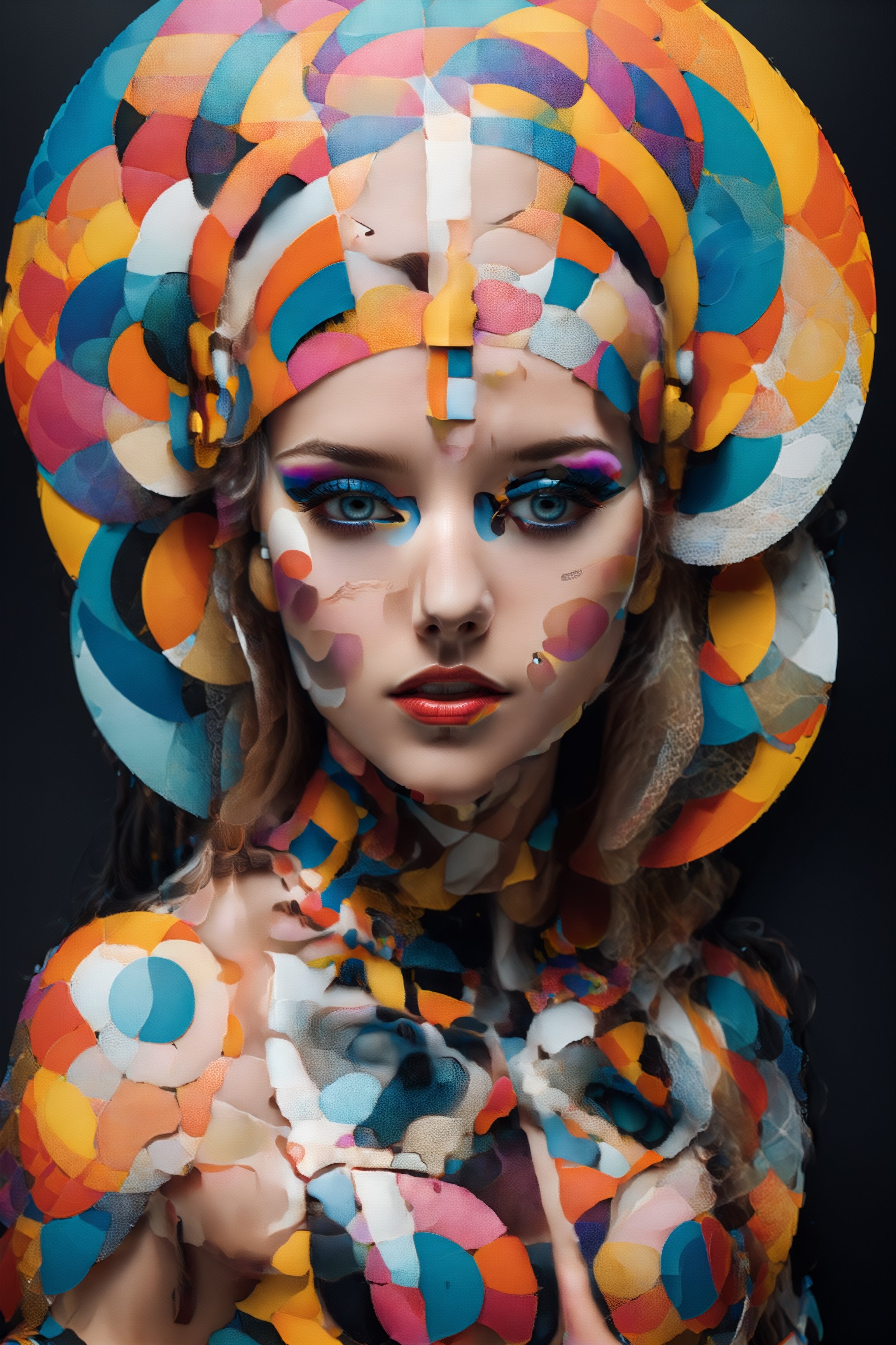 cinematic photo (full-body:1.85) A futuristic portrait of a beautiful young woman on a simple paper studio background with a strong colourful intricate circular geometrical pattern, geometrical makeup, (highly detailed skin texture:1.6), pores, high contrast . 35mm photograph, film, bokeh, professional, 4k, highly detailed
,more detail XL
