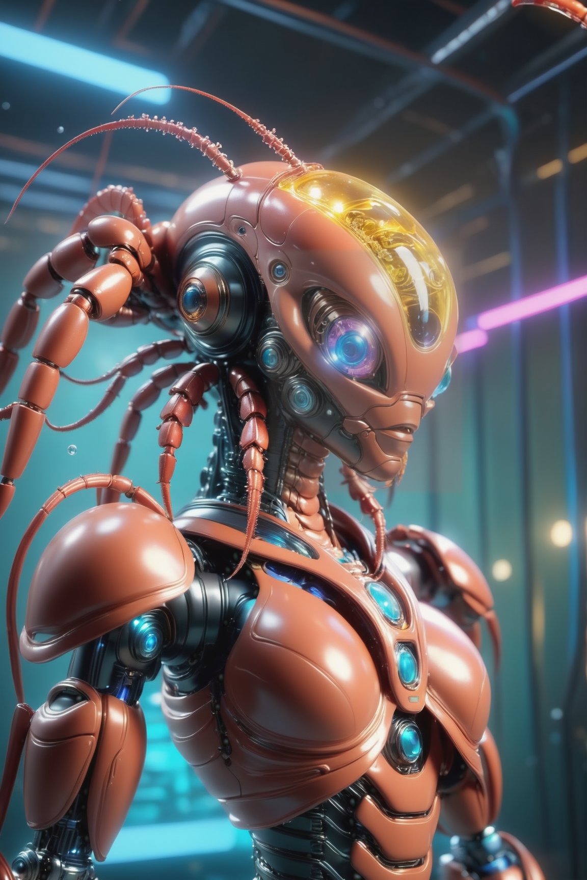 under the sea, birth of an alien lobster in the body of a feminate cybernetic futurist robot , intricated filaments , lights , bubbles , cinematic retrolight , HD 8k , PHOTOREALISTIC,cyberpunk style