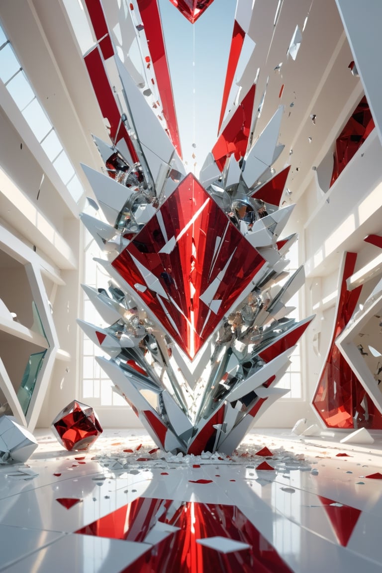 Front view of a (futuristic museum:1.4). The photo represent (an amazing and captivating abstract composition:1.4), (trendwhore style:1.4), mirror fragment, glassware, deconstructivism, shattered reality, perspective kaleidoscope, (off center:1.2), (right-aligned:1.4), (futuristic and geometric:1.3),light rays, glow, spark, (2004 aesthetics:1.2), (beautiful glass splinters in perspective:1.3), red theme. Gradient background, sharp details. Highest quality, detailed and intricate, original photo, trendy, vector art, vintage, award-winning, artint, art_booster. Wide shot, sharp focus, bright shiny white room
