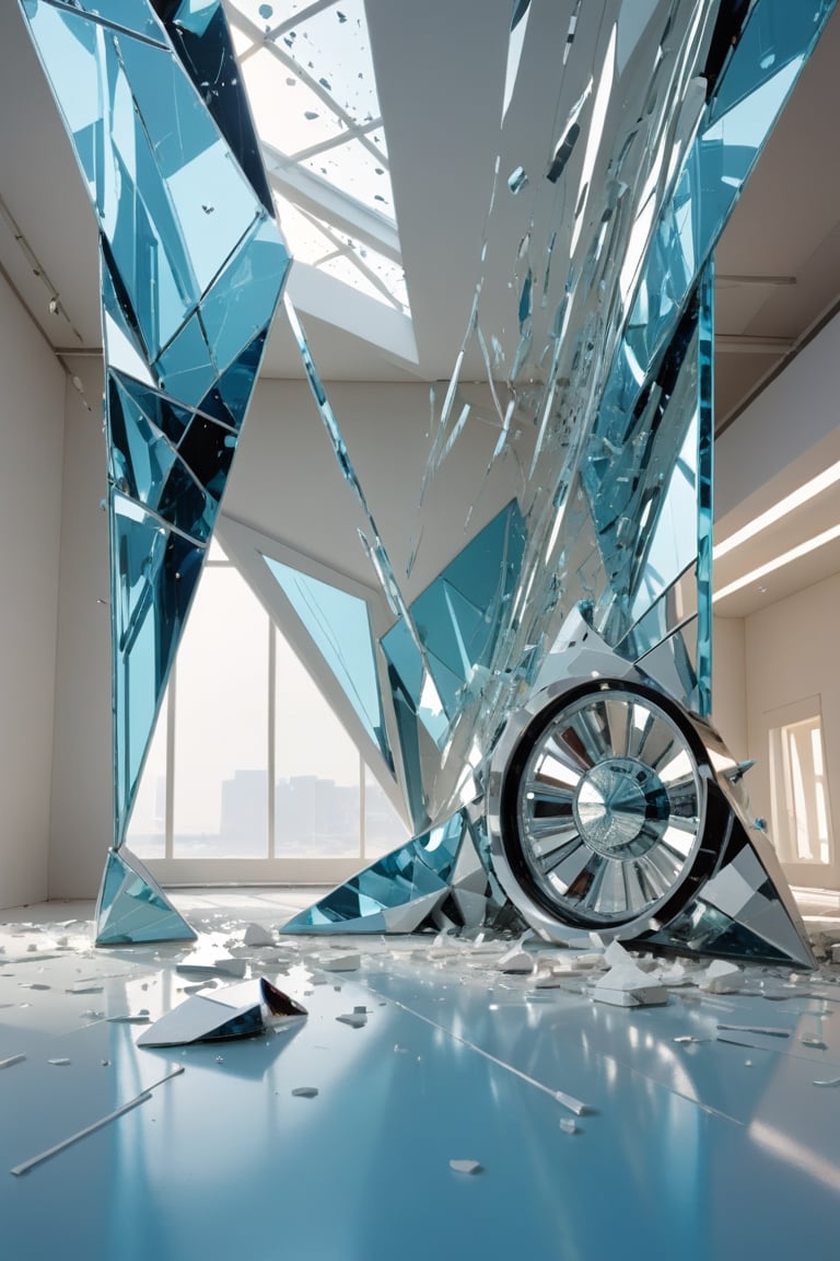 Front view of a (futuristic museum:1.4). The photo represent (an amazing and captivating abstract composition:1.4), (trendwhore style:1.4), mirror fragment, glassware, deconstructivism, shattered reality, perspective kaleidoscope, (off center:1.2), (right-aligned:1.4), (futuristic and geometric:1.3),light rays, glow, spark, (2004 aesthetics:1.2), (beautiful glass splinters in perspective:1.3), pale blue theme. Gradient background, sharp details. Highest quality, detailed and intricate, original photo, trendy, vector art, vintage, award-winning, artint, art_booster. Wide shot, sharp focus, bright shiny white room