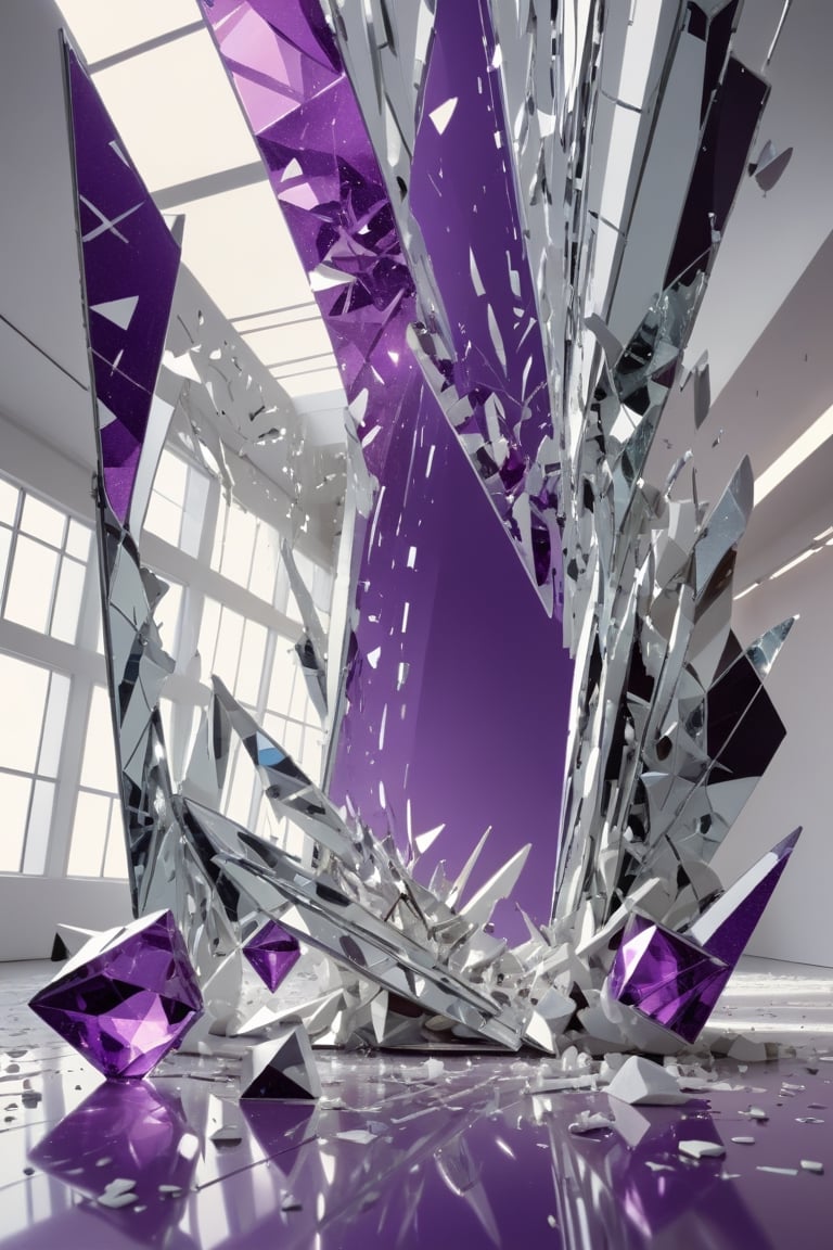 Front view of a (futuristic museum:1.4). The photo represent (an amazing and captivating abstract composition:1.4), (trendwhore style:1.4), mirror fragment, glassware, deconstructivism, shattered reality, perspective kaleidoscope, (off center:1.2), (right-aligned:1.4), (futuristic and geometric:1.3),light rays, glow, spark, (2004 aesthetics:1.2), (beautiful glass splinters in perspective:1.3), purple theme. Gradient background, sharp details. Highest quality, detailed and intricate, original photo, trendy, vector art, vintage, award-winning, artint, art_booster. Wide shot, sharp focus, bright shiny white room