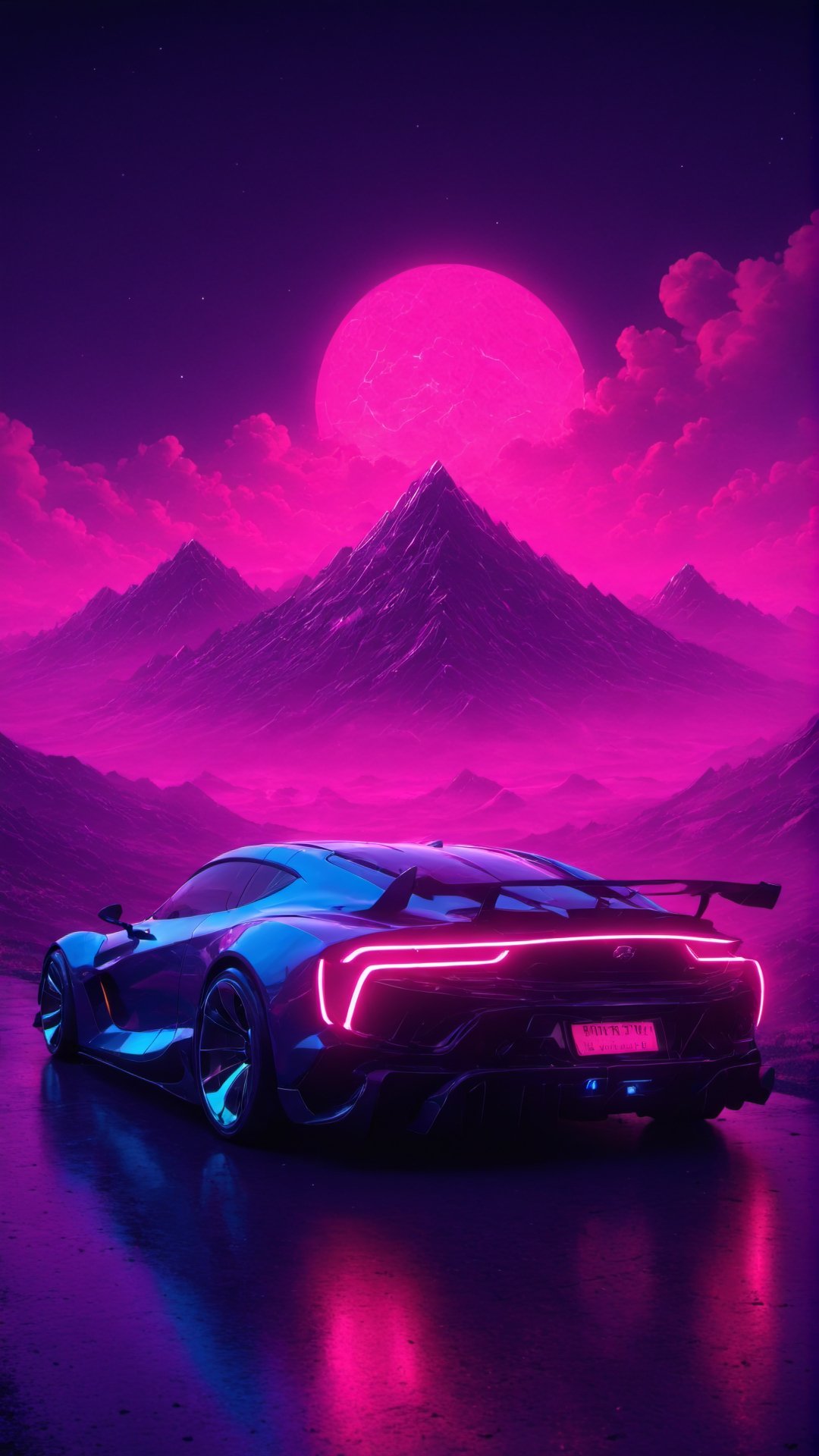 futuristic sports car, neon color, night sky, colorful beautiful mountain, sharp,clouds, valley art, detailed tires,valley scene, neon photography style, more detail XL, ColorART,neon photography style
