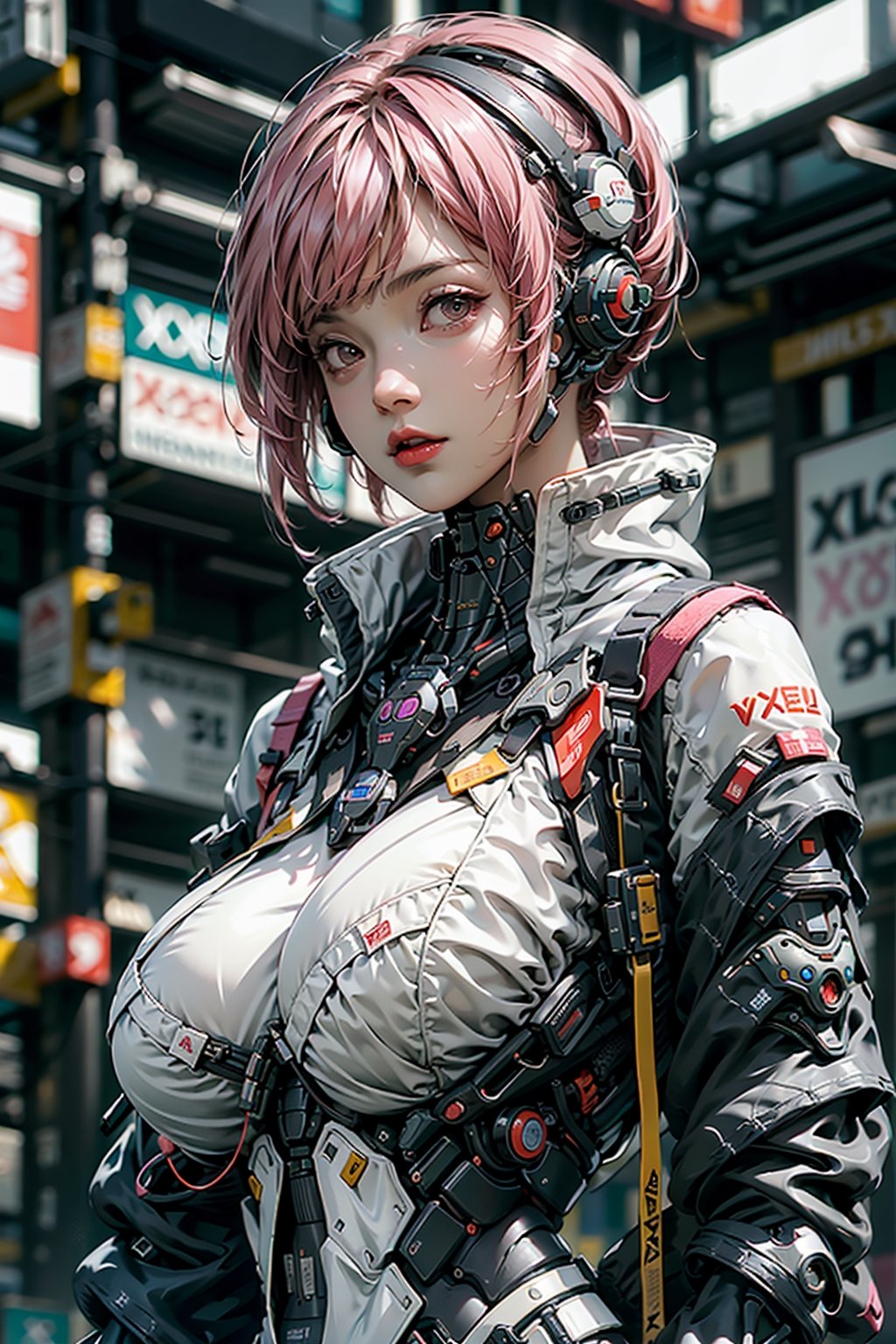 xxmixgirl, 1girl, solo, cybirg style, cyborg, wire, cable, android, mechanical body part, looking_at_viewer, xxmix_girl, authentic breasts, extremely short waist, loli, Perky, voluptuous breasts, Upright bosom, (big breasts :1.8), Pink hair, childlike face, hd, UHD, super detail, high details, 16k, cyberpunk style, cyborg style