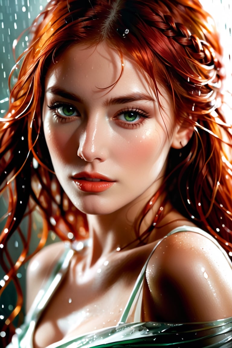 portrait of a red haired woman , reflections, dark light, Red hair, loose in the wind, on her face that highlight her beauty, soft green eyes, in full color, beautiful face very detailed, freedom, soul, digital illustration, A captivating mixed media masterpiece showcasing a mysterious  woman.  The skilled artist's fusion of media creates a dreamy, ethereal atmosphere, with fluid elements harmoniously intertwined. (best quality,4k,8k,highres,masterpiece:1.2),ultra-detailed,(realistic,photorealistic,photo-realistic:1.37),brushstrokes,impressionist techniques,romantic ambiance,vivid expression,dreamy,ethereal,graceful movement,delicate contours,whispered details,subtle gradients,radiant skin tones,impressionistic artistry,endless inspiration

portrait of beautiful greek goddess, looking straight up in pouring rain, soaking wet hair, by terry o'neill intricate, elegant, highly detailed, digital painting, glistening skin, latex latex, smooth, sharp focus, bright lighting,  by artgerm and greg rutkowski and alphonse mucha, 8 k, 