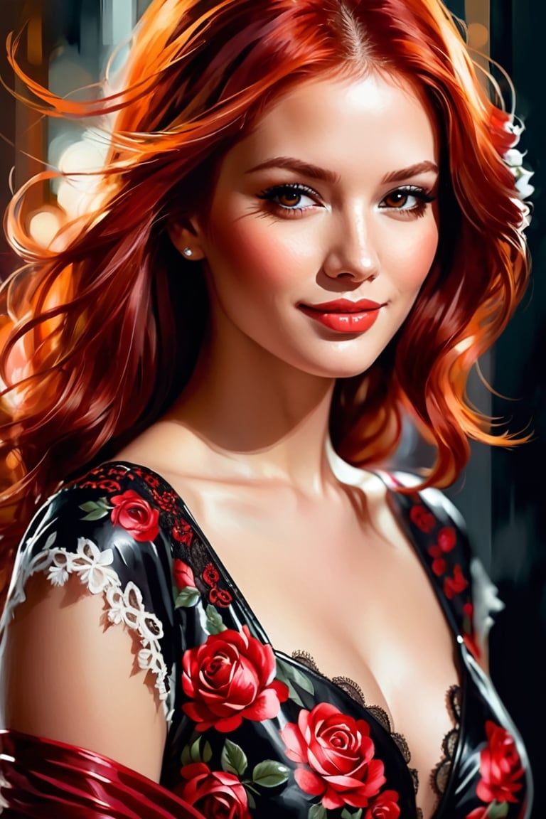 portrait of a red haired woman  reflections, dark light, Red hair, loose in the wind ,on her face that highlight her beauty, black eyes, in full color, beautiful face very detailed, freedom, soul, digital illustration, approaching perfection, dynamic, Very detailed, A mesmerizing vintage-inspired captures a voluptuous female subject oozing elegance and charm. Her fiery red hair is intricately styled up, with delicate strands framing her enticing, alluring smile. She dons an enchanting floral dress with an intricate plunging neckline, embellished with leather and detailed lace. The background, rendered in a soft focus, unveils a romantic garden teeming with vibrant roses and blooming florals. The overall atmosphere of the painting exudes romance and nostalgia, encapsulating a timeless essence of beauty and grace., paintingconceptual art, smooth, sharp focus, illustration in the style of artists such as Russ Mills, sakimichan, Oh! 