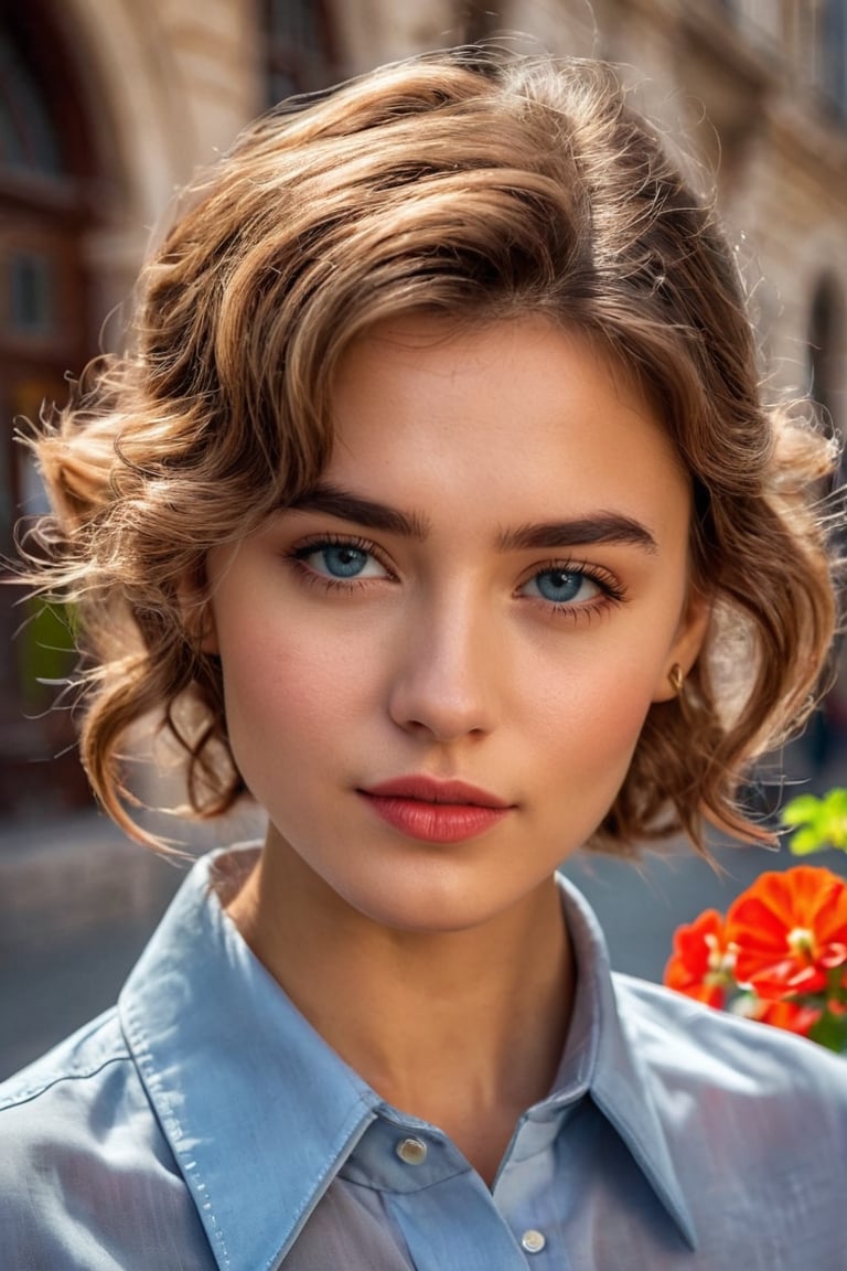 masterpiece, high quality, realistic aesthetic photo ,(HDR:1.2), pore and detailed, intricate detailed, graceful and beautiful textures, RAW photo, 16K, cinematic lighting, warm tone, (cowboy shot), (background of Hosok-tere in budapest city), Hungarian-1girl, (solo with geranium), cute face, light-brown curl short hair, beautiful dark eyes, jiucy lips, earing, light-blue shirt, light-gray suit pant,