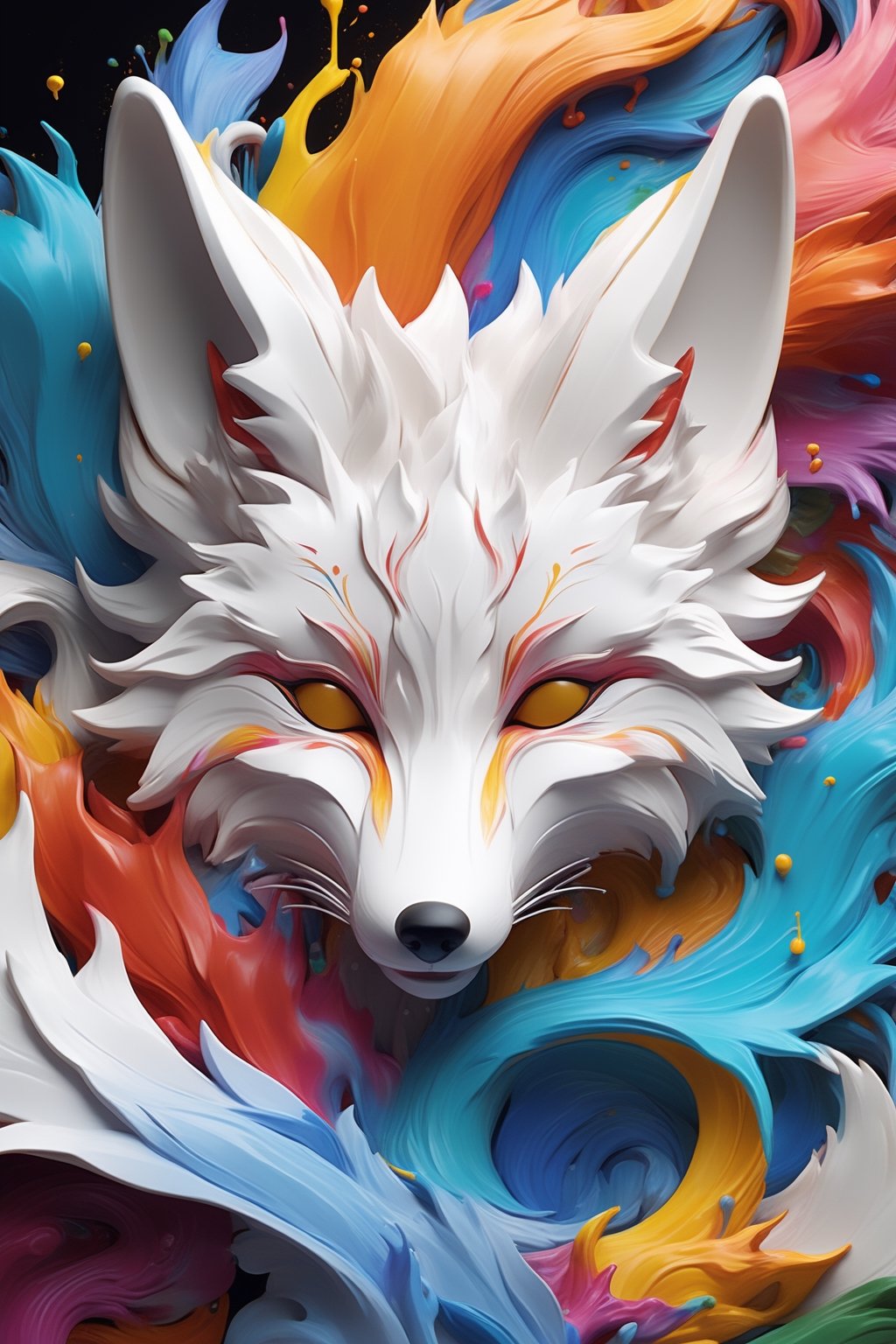 splash art, white fox made of colours, splash style of colourful paint, hyperdetailed intricately detailed, fantastical, intricate detail, splash screen, complementary colours, fantasy, concept art, 8k resolution, DeviantArt masterpiece