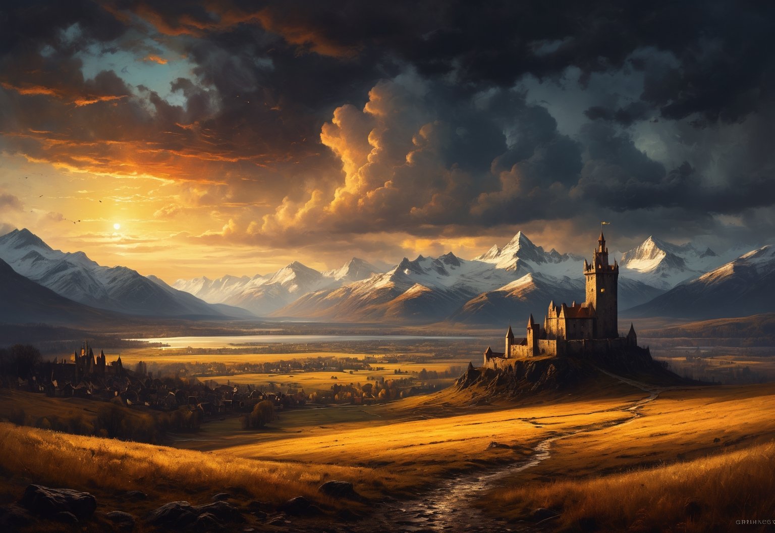 Large Ancient City in distance, surrounded by golden fields, clear lakes, distant snow capped mountains, a single dark slim watch tower on the horizon, golden hour sunlight, moody clouds, mysterious scene, dark, fantasy art, horror, sleepy hollow style, fantasy art, DND, RPG, grimdark style, Movie Still, moody colours,darkart