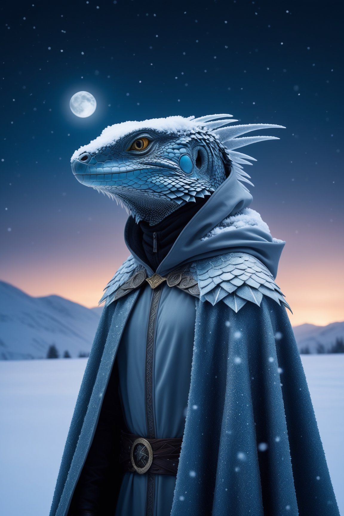 A visually striking image of a hybrid reptile and human, anthropomorphic in a snowy background, seamlessly blending scales and skin with piercing eyes that reflect the soul of both worlds. This creature stands majestically, draped in a cloak made of woven frost, its breath visible in the cold air, surrounded by a pristine, untouched snowscape that sparkles under the moonlight. The scene is imbued with a sense of mystery and awe, captured through the lens of a Nikon D850 at a low angle to emphasize the imposing stature of the hybrid against the vast, silent winter night. The composition focuses on the fusion of natural and fantastical elements, suggesting an untold story of survival and adaptation, with a setting that feels both alien and familiar --ar 4:5 --s 230