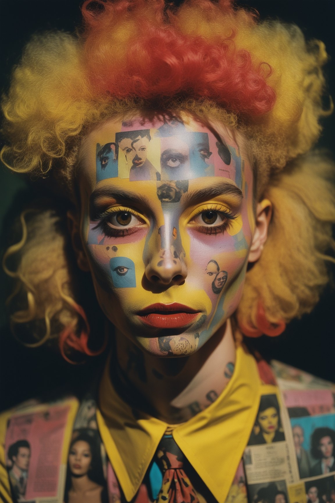 the portrait shows many newspaper stories painted onto a person's face, in the style of psychadelic surrealism, poodlepunk, fashion photography, young british artists (ybas), photo taken with provia, dark yellow and red, wildstyle