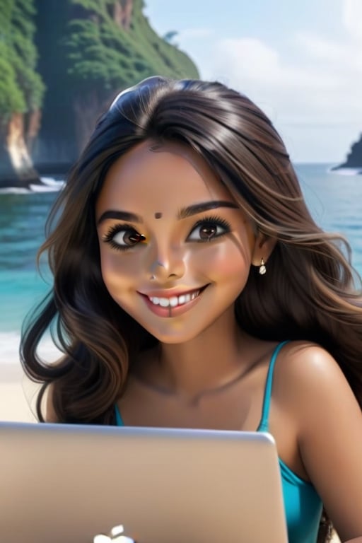 a happy girl, working on her laptop, smile face, indian skin,(8K quality),(High resolution),chill look, perfect face,perfect eyes,perfect hair, perfectl lips,island