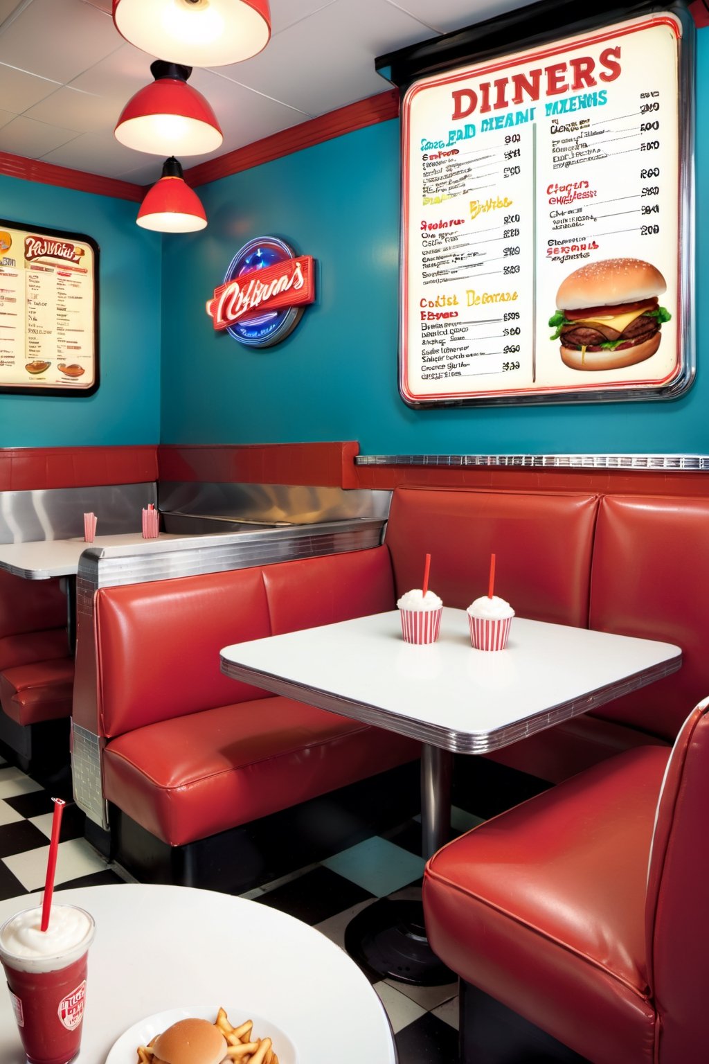 Let's dive into the retro charm of an 1980s American diner with a table menu design that embodies the era's iconic aesthetic. Picture a laminated menu adorned with bold, colorful graphics and playful typography, reminiscent of neon signs and vintage advertisements. The menu layout features a classic diner motif with checkered borders and chrome accents, evoking nostalgia for the era's vibrant dining scene. Highlighting the era's beloved comfort foods, the menu showcases mouthwatering illustrations of juicy burgers, crispy fries, and decadent milkshakes, accompanied by catchy descriptions that capture the essence of each dish. Tucked between the menu items, playful nods to '80s pop culture add a touch of whimsy and nostalgia, inviting diners to reminisce as they peruse the offerings.,disney pixar style