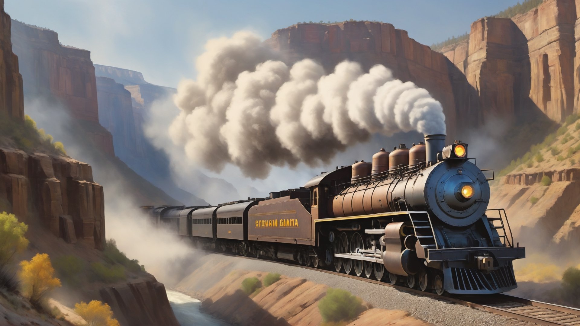 In this hyper-realistic image prompt, envision a steam locomotive from the Western frontier era traversing a deep canyon. The locomotive, a majestic iron giant, powers through the rugged terrain with purposeful determination. Its massive wheels grip the rails tightly as it navigates the winding curves of the canyon walls. Thick plumes of steam billow from its stack, blending with the dust kicked up by its wheels. The canyon itself is a spectacle of nature's grandeur, with towering cliffs rising high above the tracks and a meandering river below. Sunlight filters through the canyon, casting dynamic shadows and illuminating the intricate details of the locomotive's construction. In the distance, the canyon stretches into the horizon, hinting at the vast expanse of unexplored wilderness waiting beyond.