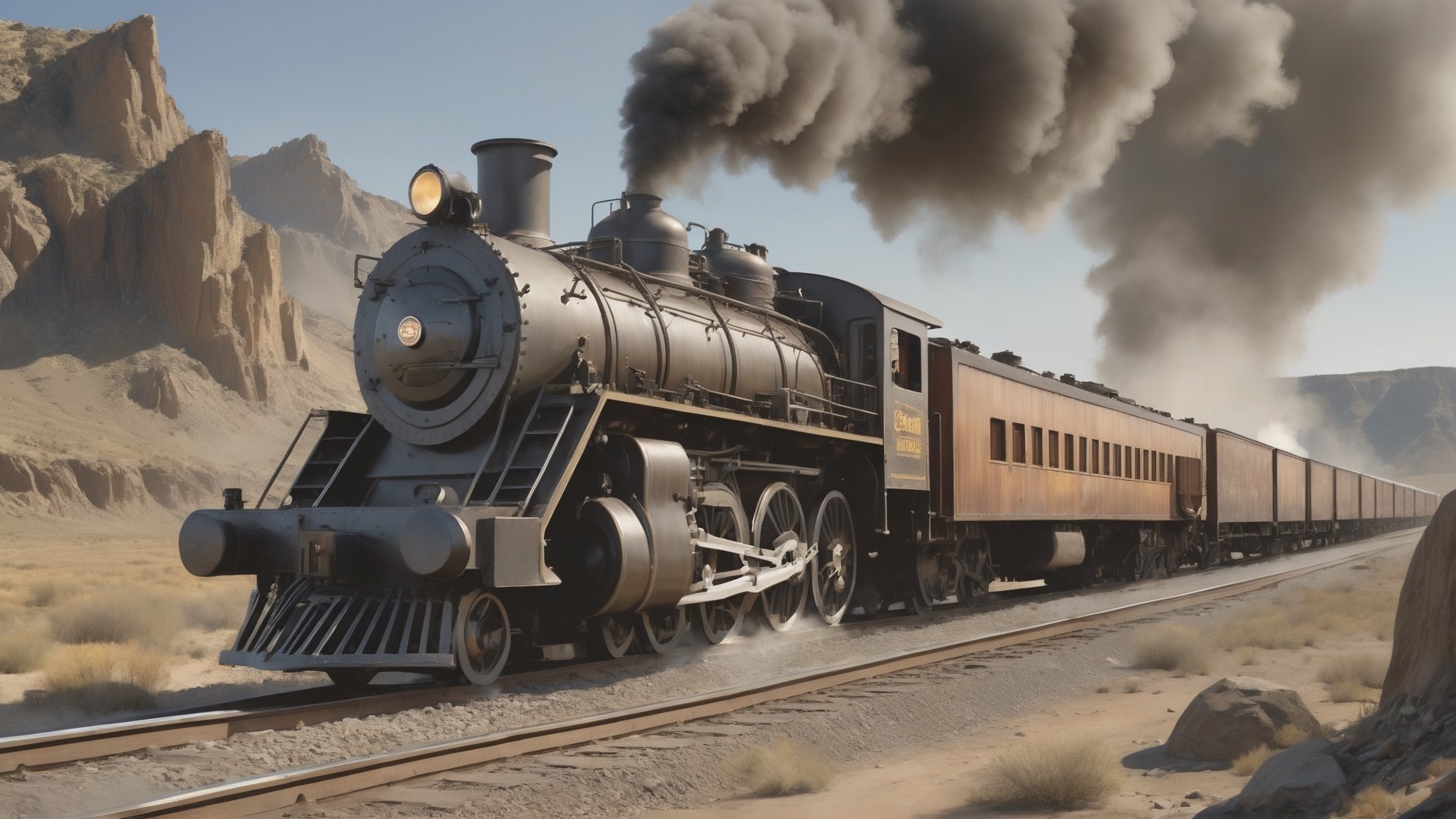 Create a hyper-realistic image of a steam locomotive from the Western frontier era, chugging through a rugged landscape. The locomotive, a behemoth of iron and steel, belches thick plumes of steam and smoke from its tall stack as it powers forward on steel tracks. Every detail is meticulously rendered: the gleaming metal of the engine, the intricate gears and pistons, and the rivets holding it all together. Its cowcatcher extends proudly, ready to clear debris from the tracks ahead. The landscape is equally detailed, with rocky cliffs, sparse desert vegetation, and a distant horizon that hints at the vastness of the frontier. The sunlight casts dramatic shadows across the scene, emphasizing the rugged beauty of the untamed wilderness. In the background, a small settlement emerges, its buildings made of weathered wood and surrounded by dusty streets. The locomotive's presence symbolizes progress and expansion, forging ahead into uncharted territory with unstoppable determination.,more detail XL