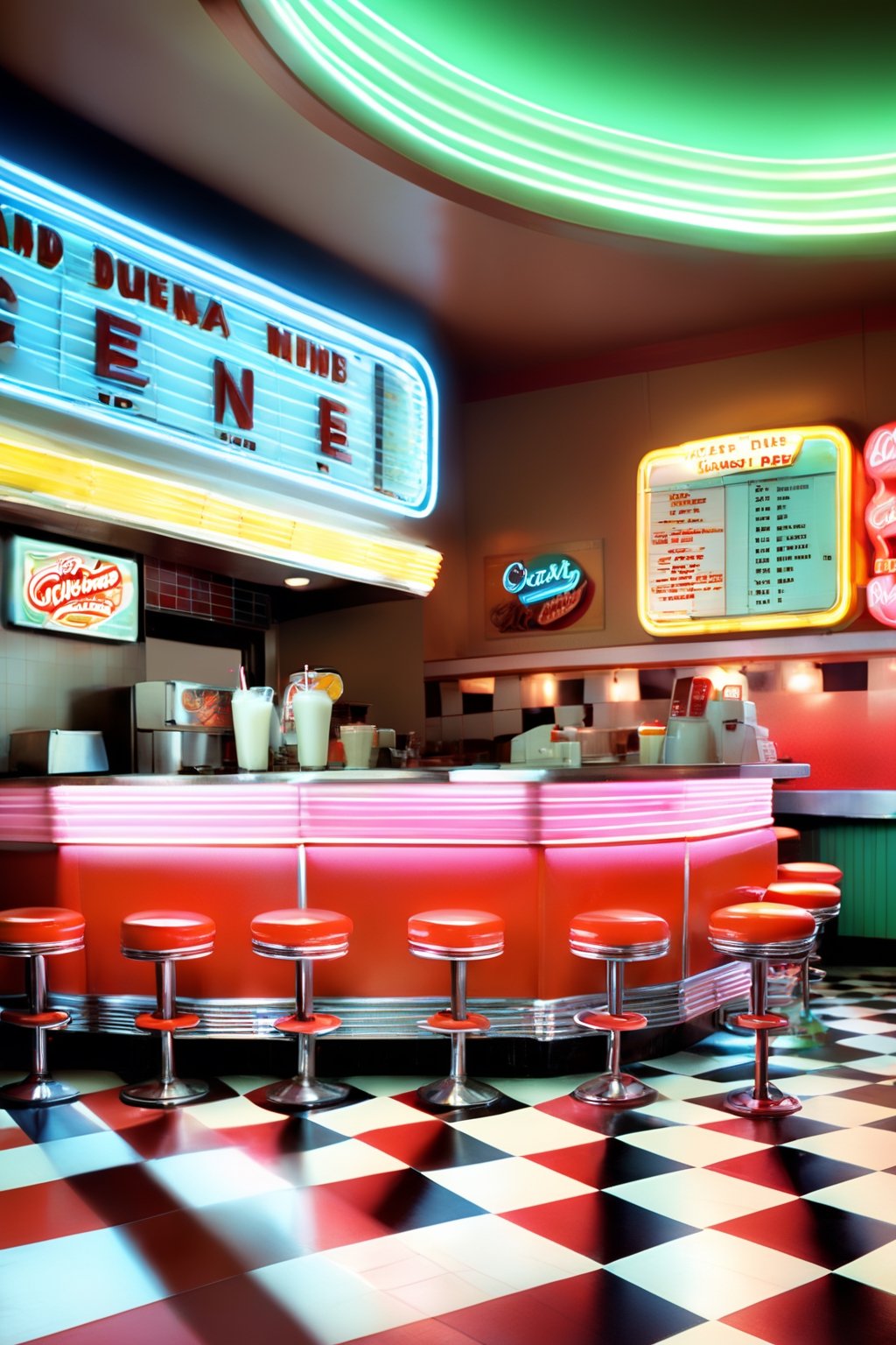Create an illustration prompt for generating images of a 1980s American diner menu. Imagine a vibrant scene, bustling with retro charm. The menu features classic comfort foods like juicy burgers, crispy fries, and creamy milkshakes. Picture neon signs casting a warm glow over checkerboard floors and chrome accents. Include iconic imagery such as a jukebox playing hits from the era, a soda fountain bubbling with fizzy drinks, and a smiling waitress in a vintage uniform. Capture the nostalgia of a bygone era, where patrons gather for hearty meals and good company. This prompt aims to evoke the essence of Americana, inviting artists to bring this iconic era to life through their illustrations.