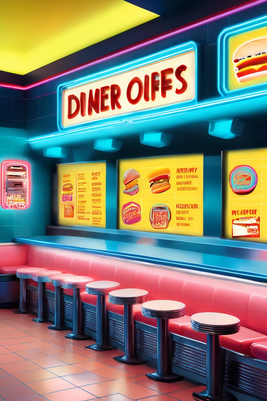 Step into the vibrant nostalgia of an 1980s American diner with this illustration prompt focused on menu design. Picture a menu that embodies the retro charm and vibrant energy of the era. Envision bold, neon colors and quirky typography that evoke the iconic diner aesthetic. Encourage artists to incorporate classic motifs such as checkerboard patterns, chrome accents, and neon signage. Feature mouthwatering illustrations of beloved comfort foods like juicy burgers, crispy fries, and indulgent milkshakes. Set the scene with elements reminiscent of '80s pop culture, like cassette tapes, arcade games, or iconic movie references. Invite artists to infuse their designs with a sense of fun and nostalgia, capturing the essence of dining out in this iconic era.