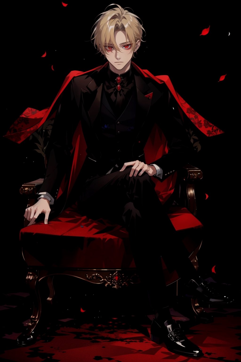 (masterpiece, best quality, highres:1.3), ( young handsome man, blonde hair, red eyes, glowing eyes, levi ackerman hairstyle,)  red and black outfit, long sleeves, 1boy, jewelry, sitting, full body, flower, male focus, shoes, collared shirt, pants, cape, black footwear, vest, petals, rose, crossed legs, cross, blue flower,candle, candlestand